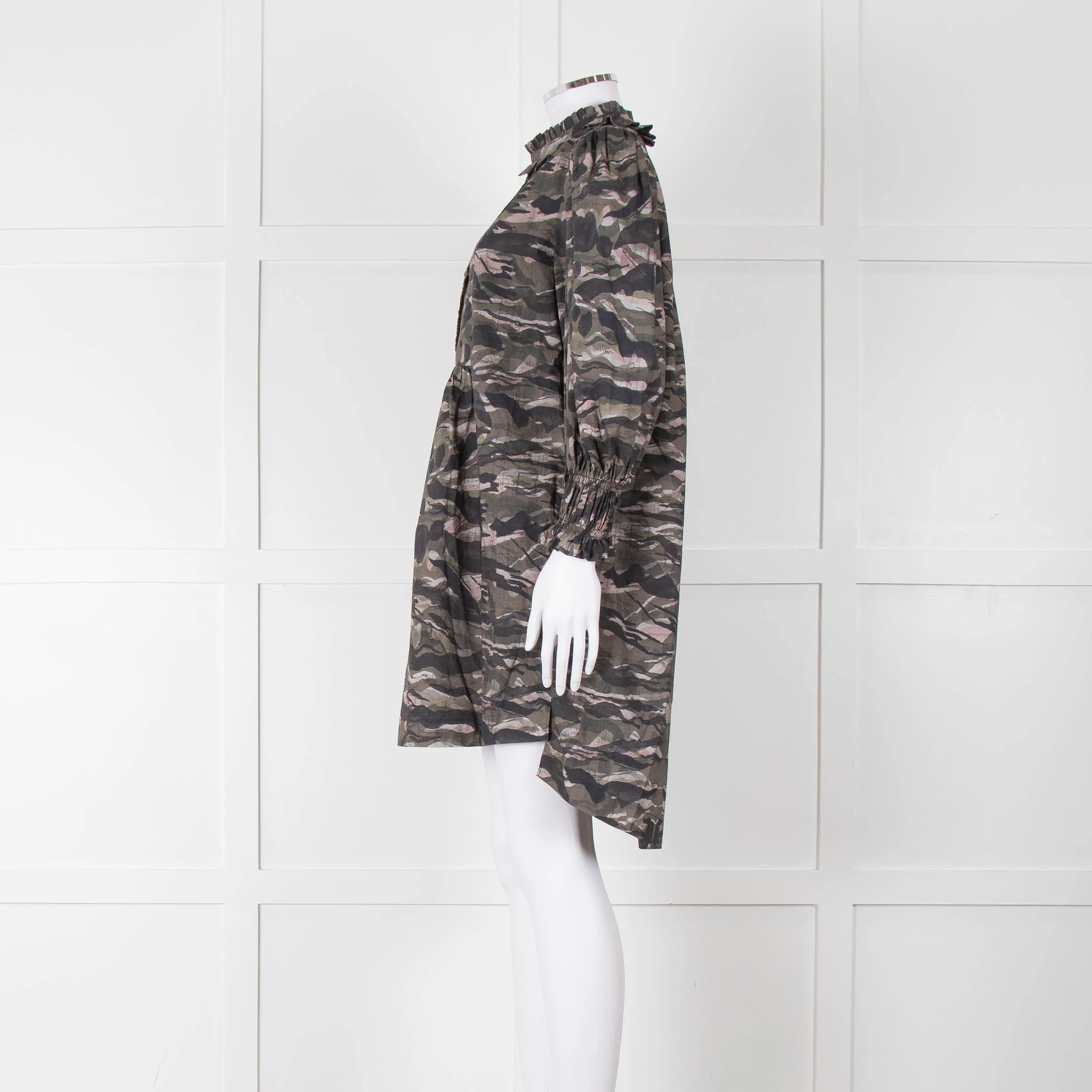 All Saints Green Khaki Puff Ruched Cuff Sleeved Mini Dress - Image 7