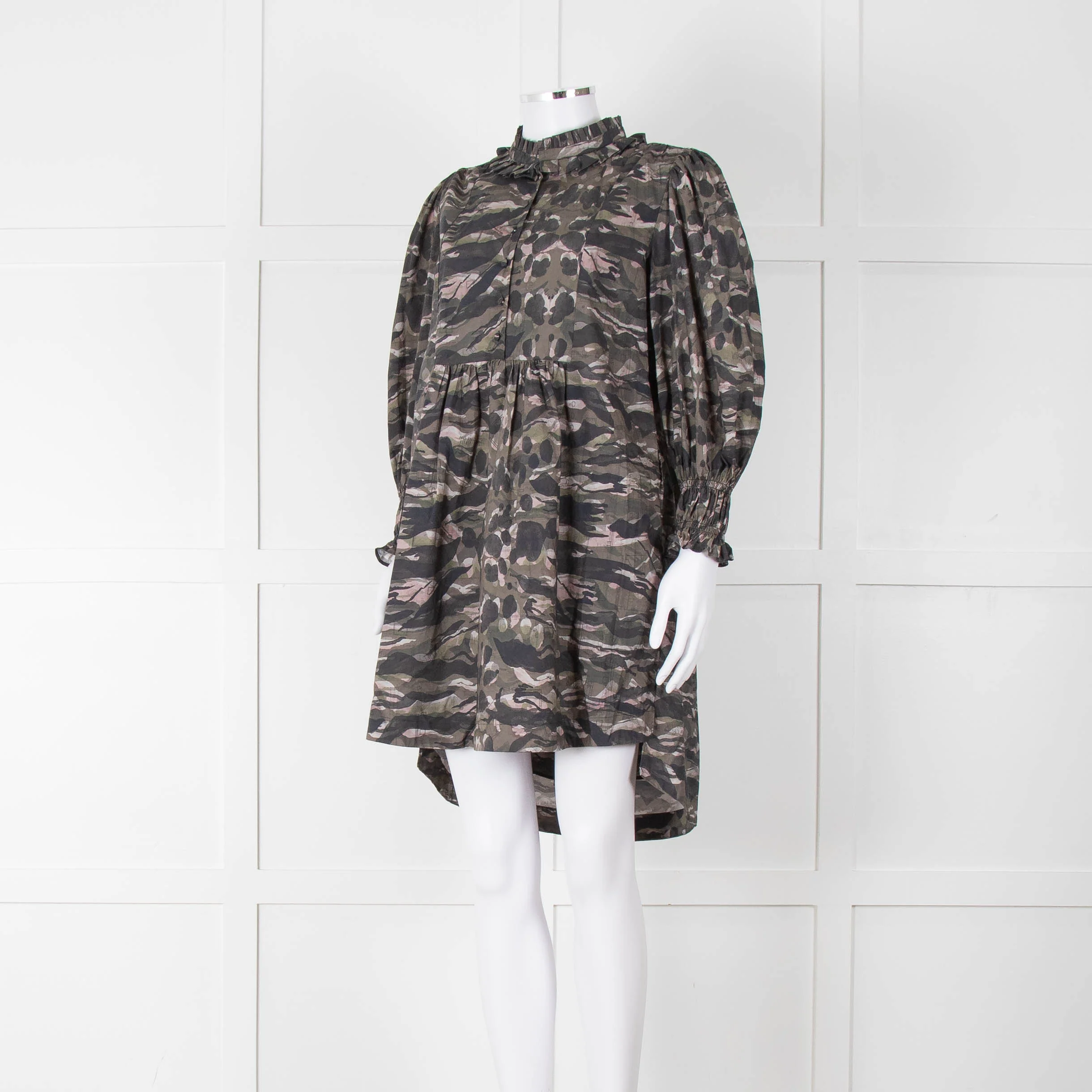 All Saints Green Khaki Puff Ruched Cuff Sleeved Mini Dress - Image 8