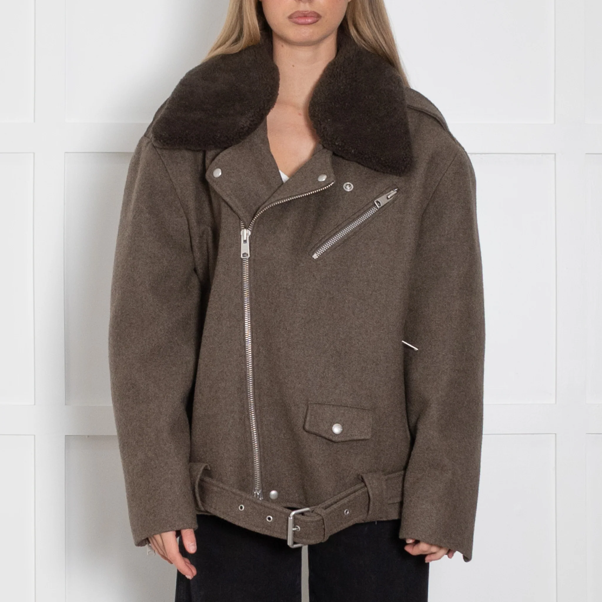 All Saints Mard Brown Wool Blend Biker Jacket - Image 2