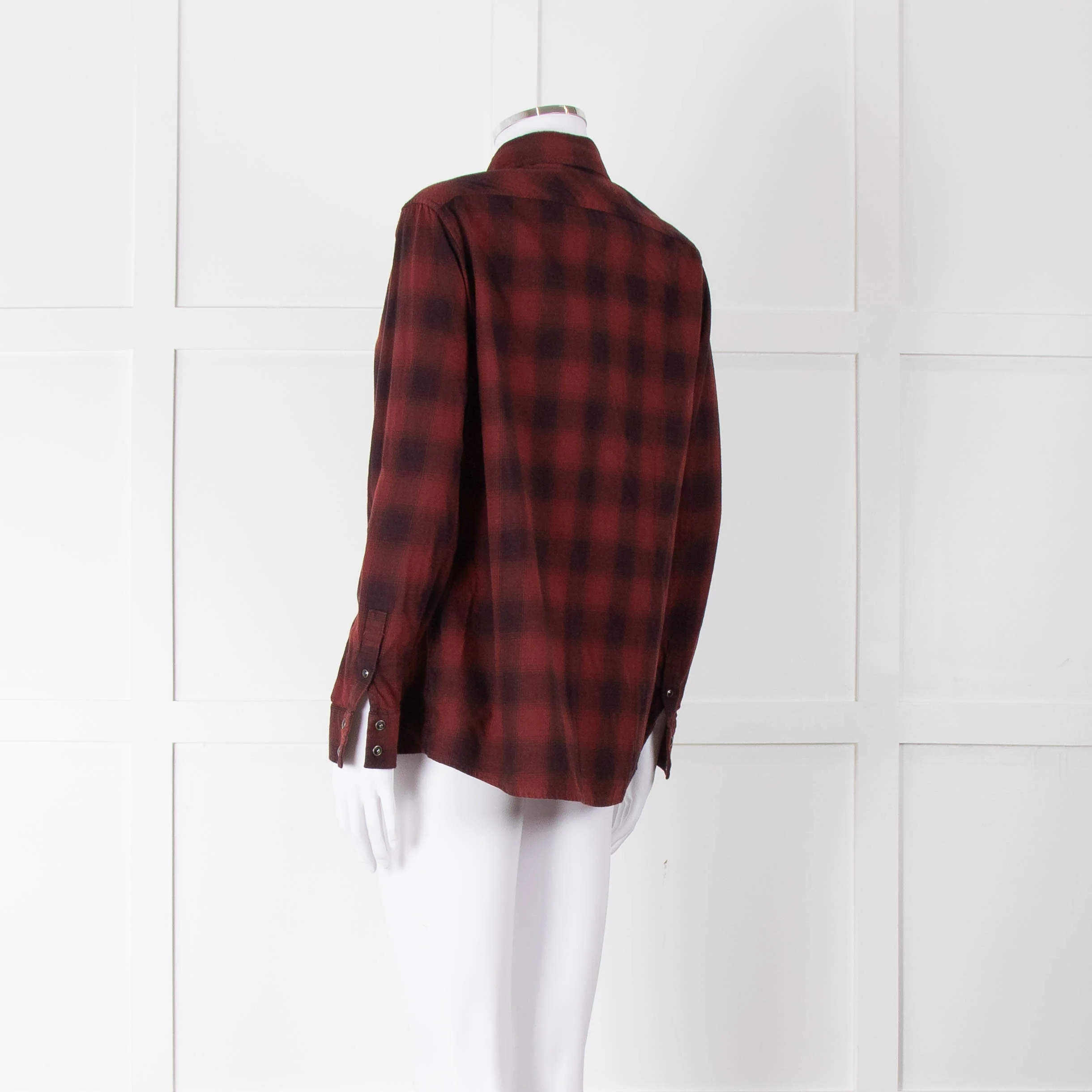 All Saints Wine Red Black Check Popper Pleat Front Blouse - Image 6