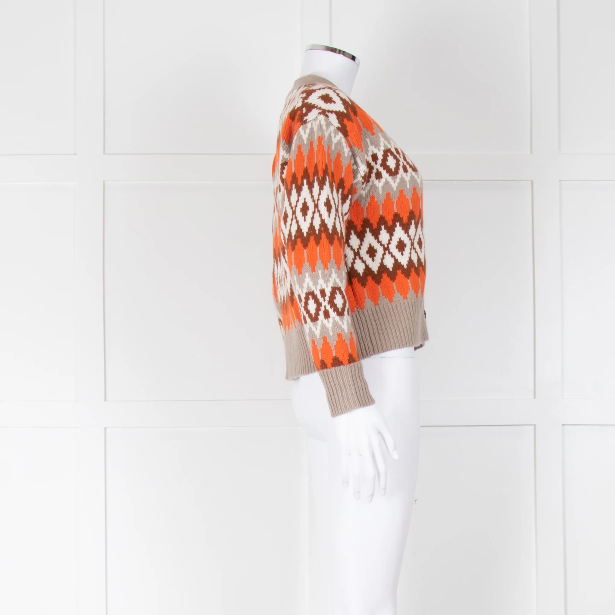 Allude Beige Orange Intarsia-Knit Cashmere Blend Cropped Cardigan - Image 2