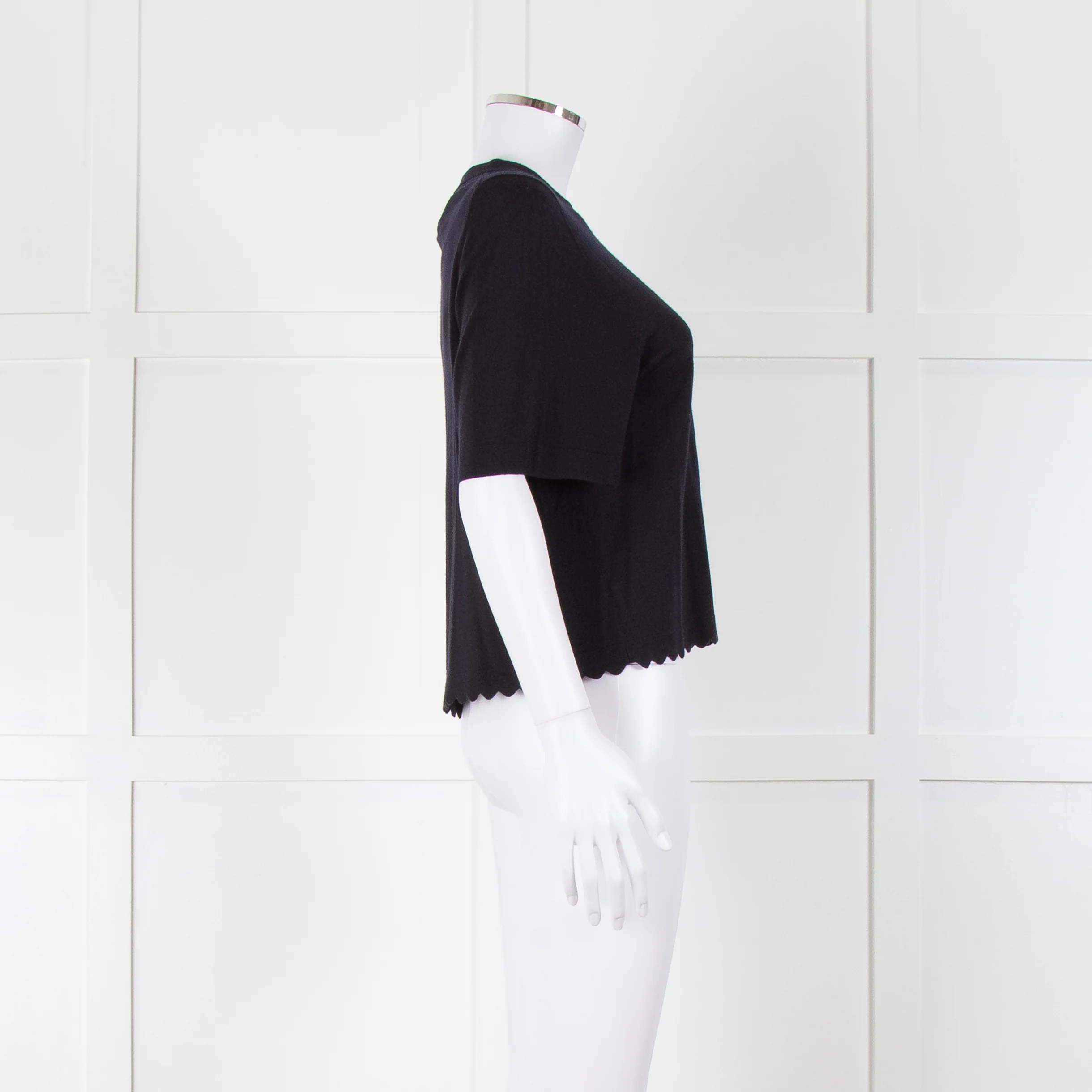 Allude Navy Fine Knit Short Sleeve Scallop Hem Top - Image 3