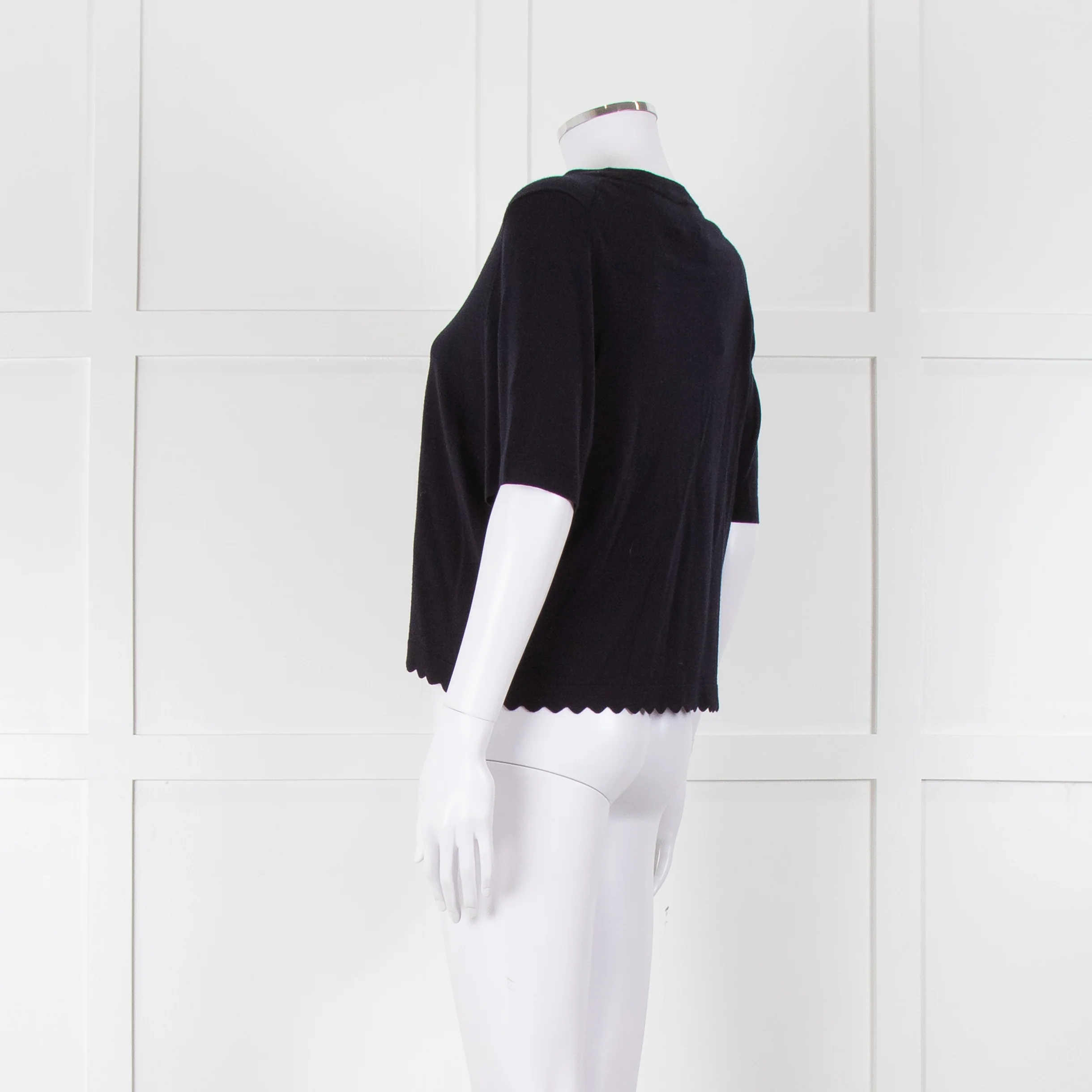 Allude Navy Fine Knit Short Sleeve Scallop Hem Top - Image 6