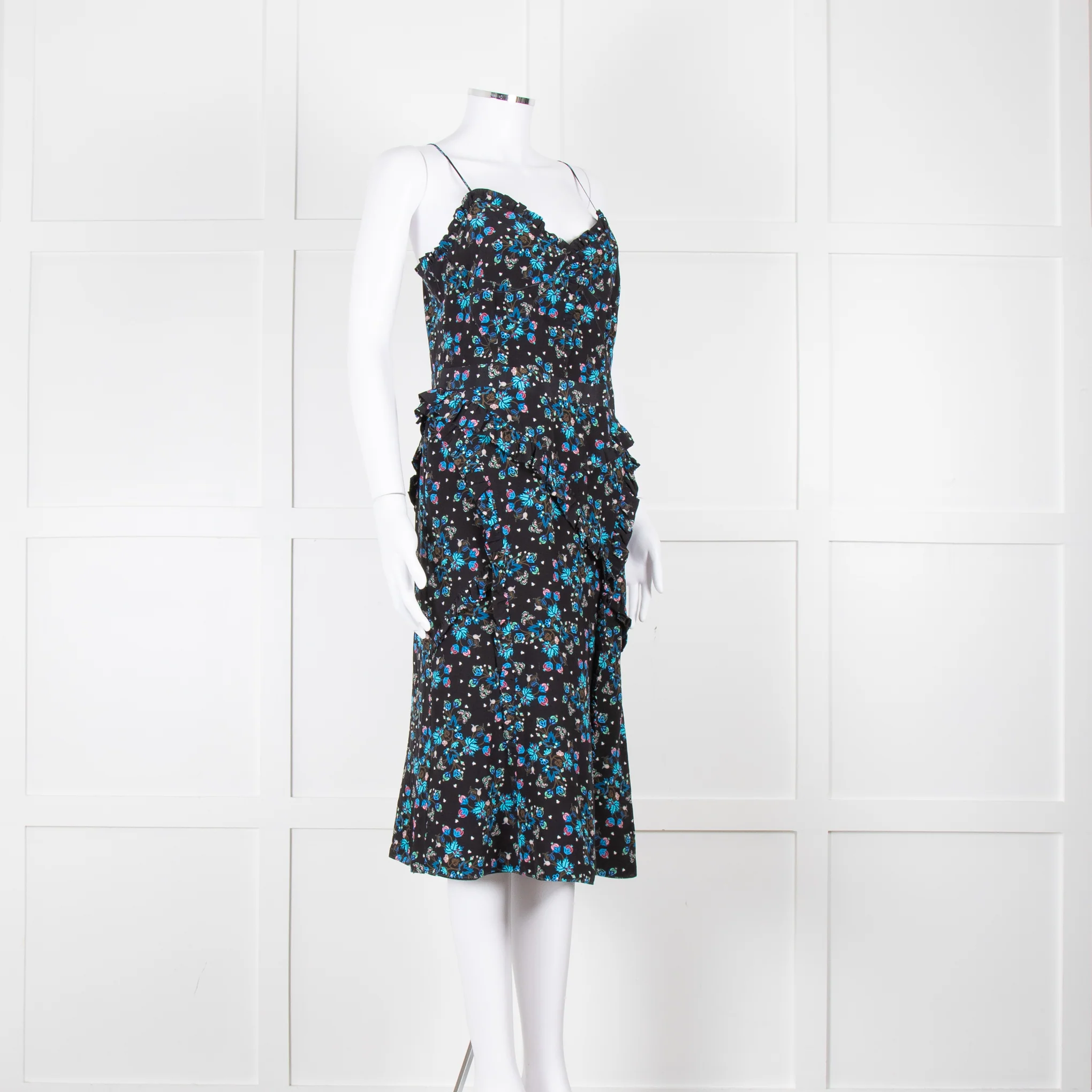 Altuzarra Black Blue Floral Frill Detail Sleeveless Dress - Image 2