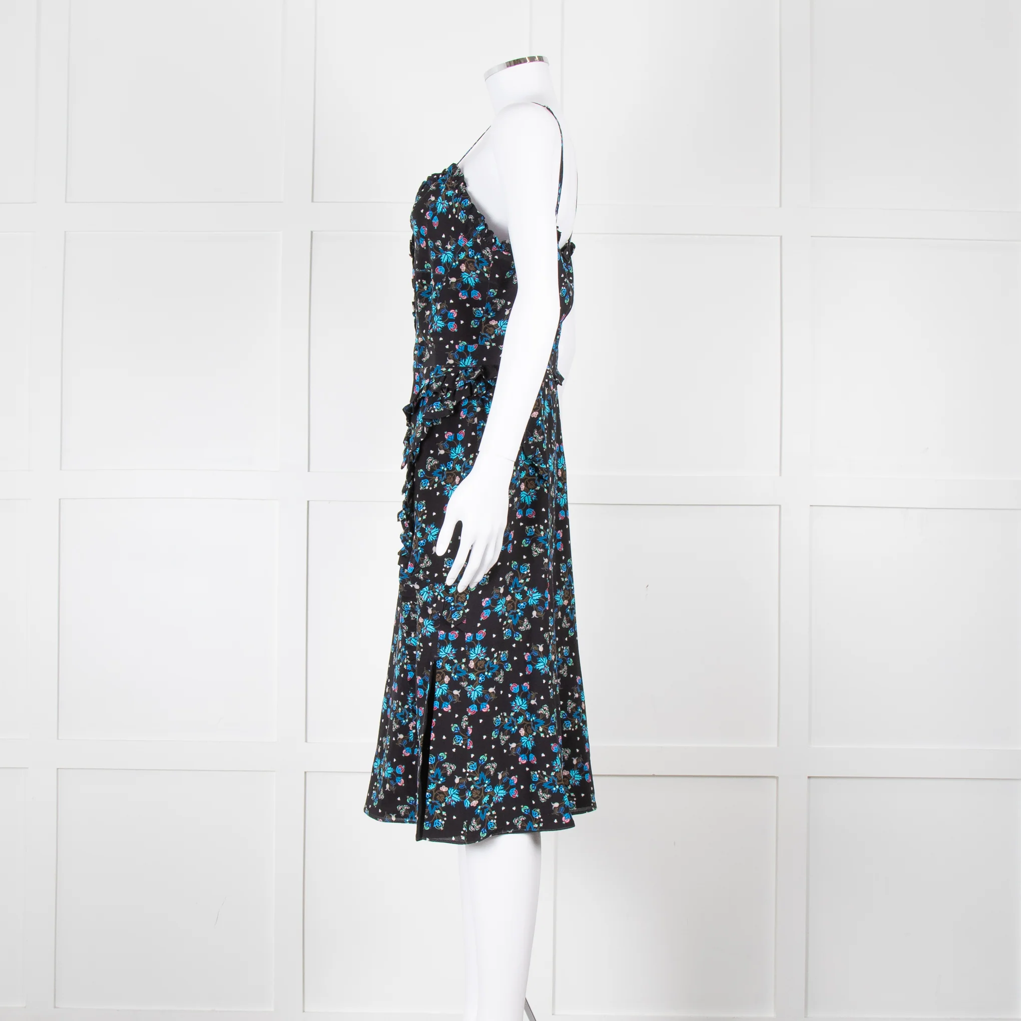 Altuzarra Black Blue Floral Frill Detail Sleeveless Dress - Image 7