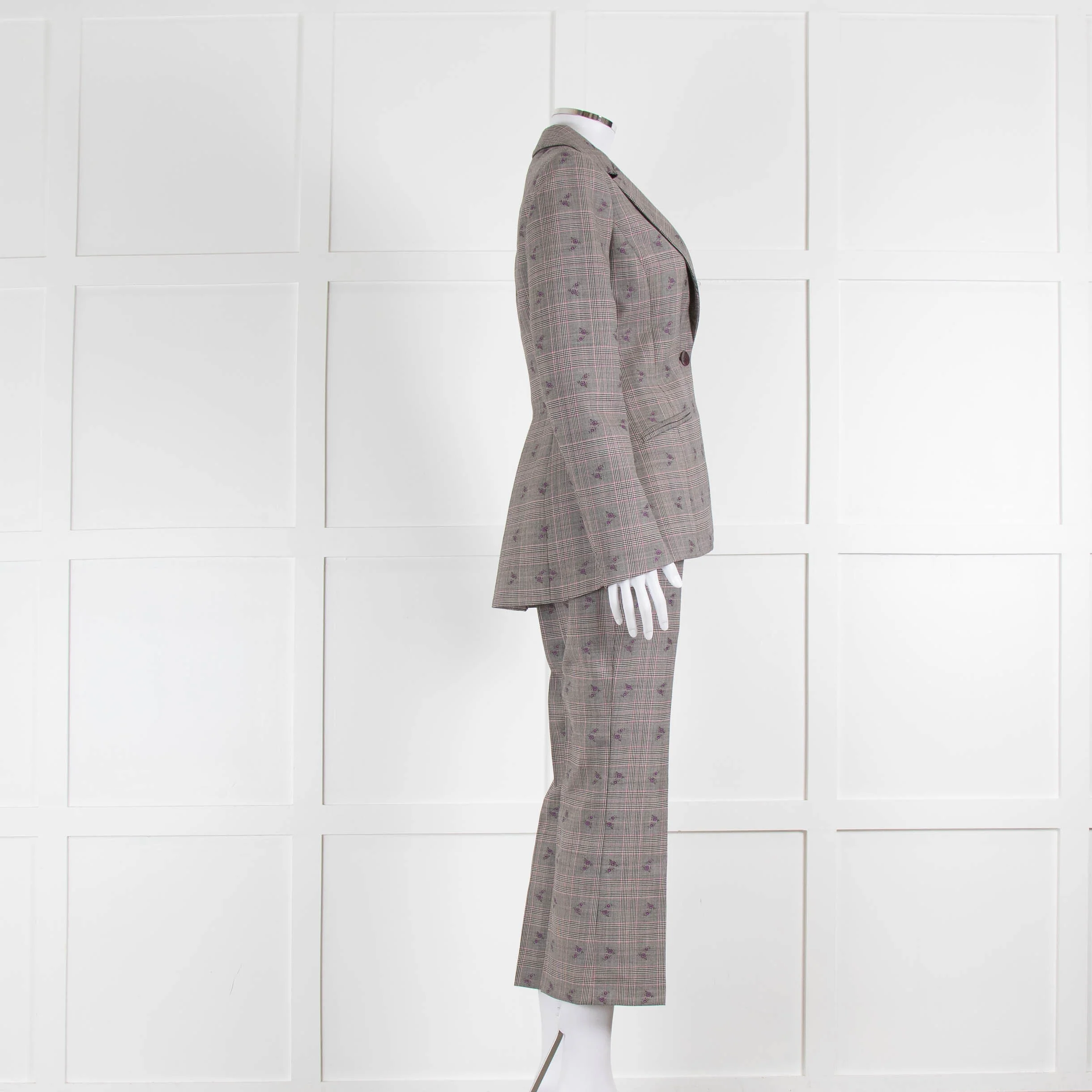 Altuzarra Grey Pink Check Floral Motif Blazer Jacket - Image 2