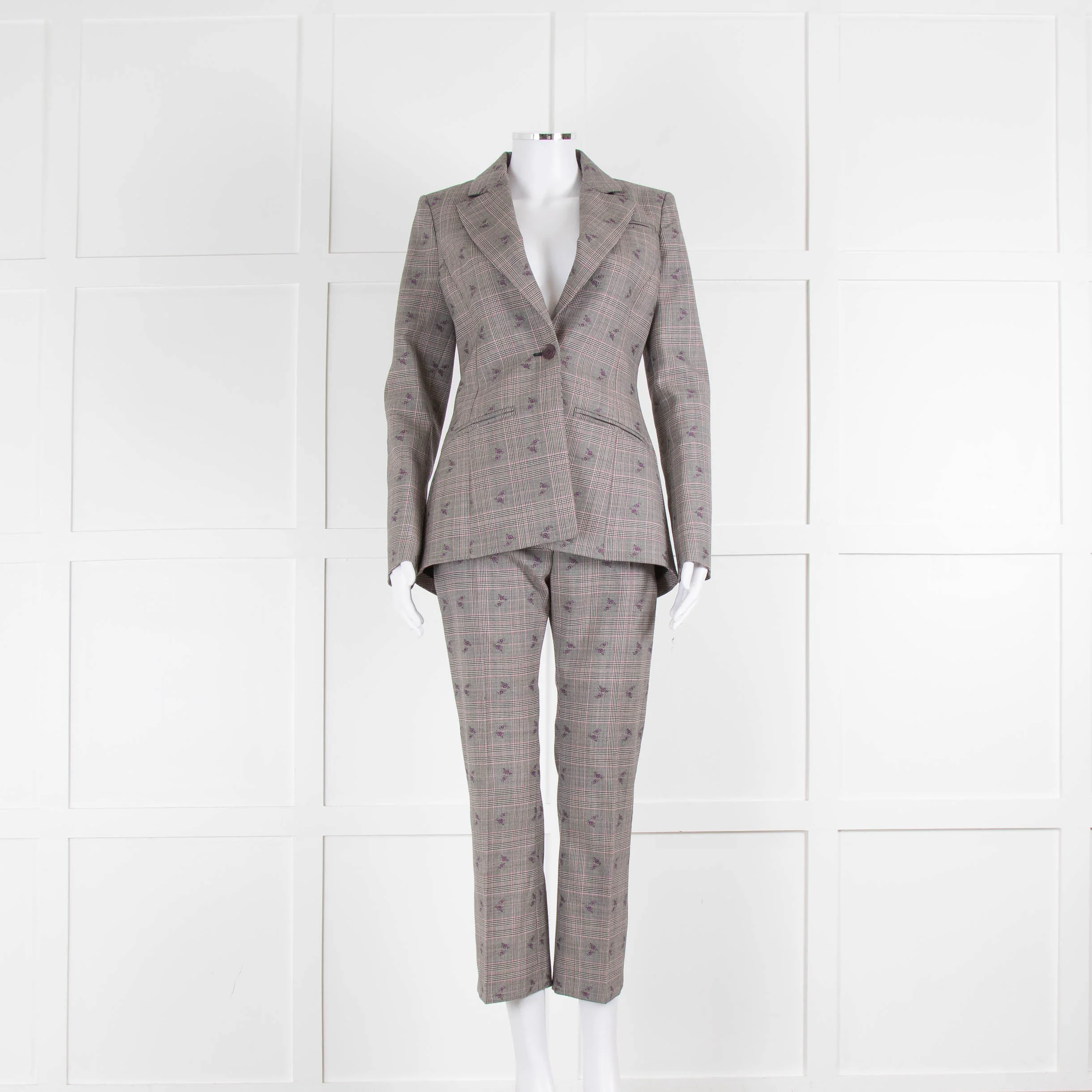 Altuzarra Grey Pink Check Floral Motif Trousers