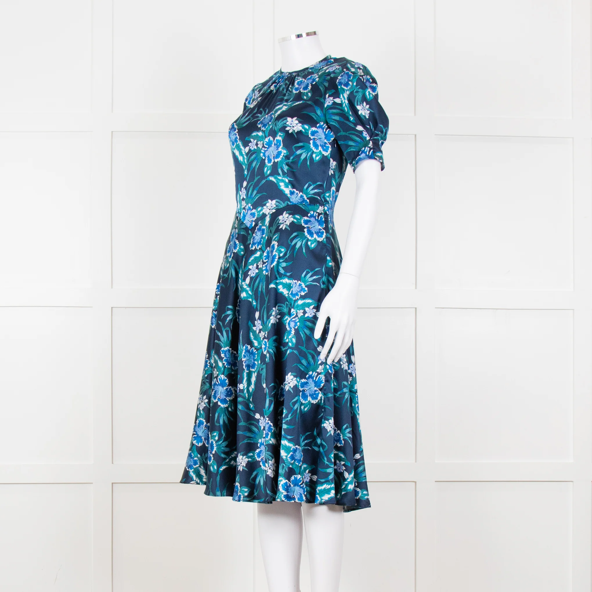 Altuzarra Navy Blue White Floral Silk Satin Dress - Image 2