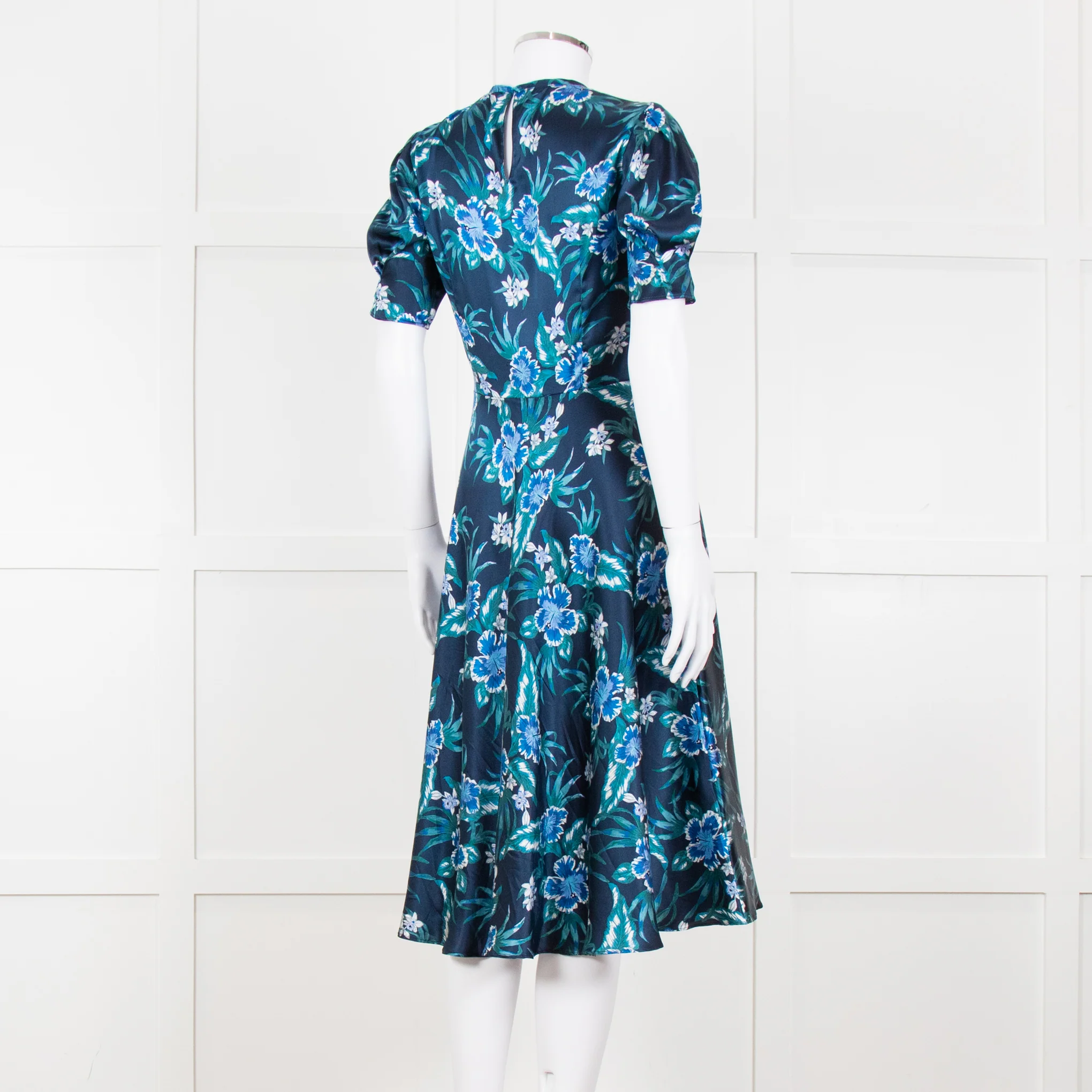 Altuzarra Navy Blue White Floral Silk Satin Dress - Image 6