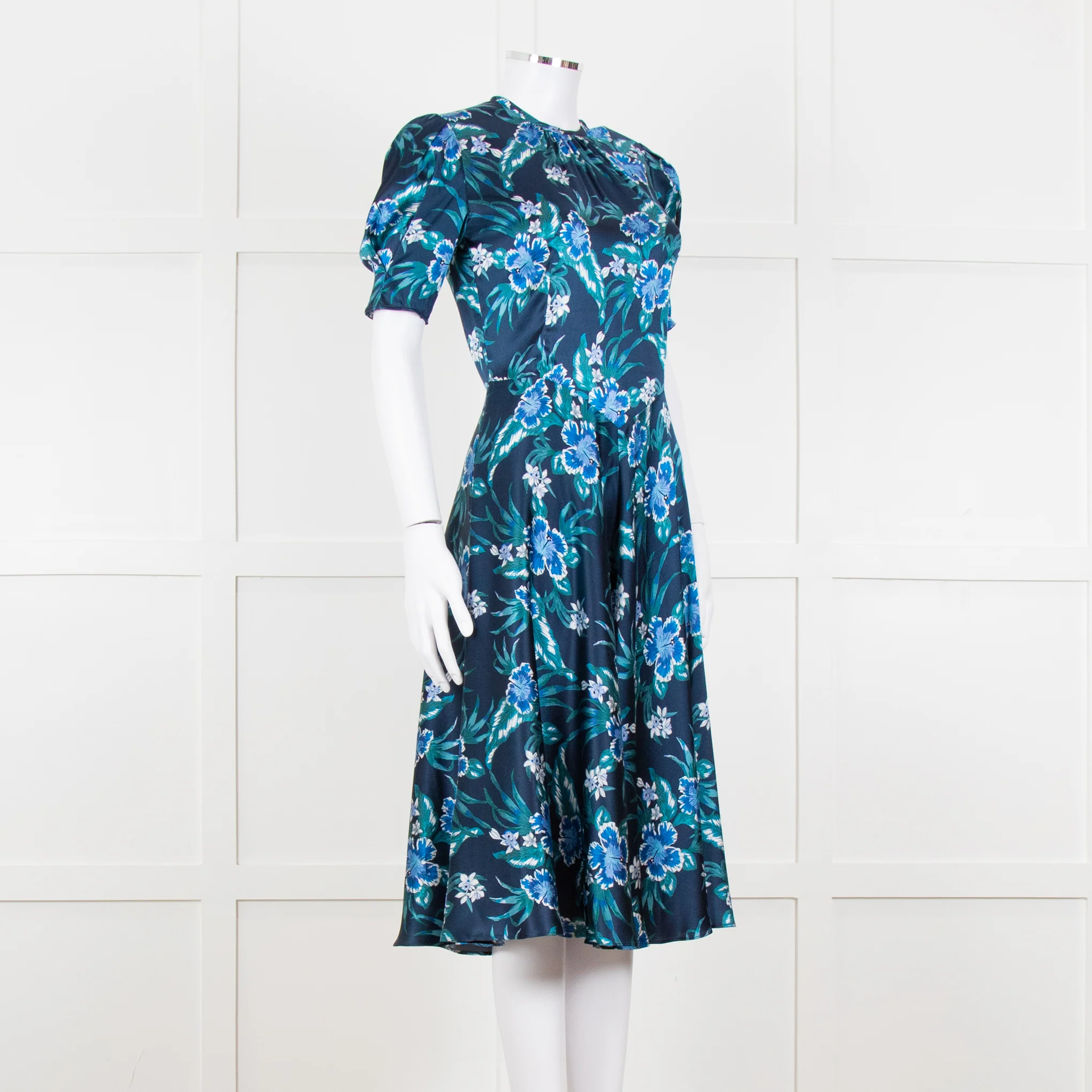Altuzarra Navy Blue White Floral Silk Satin Dress - Image 8