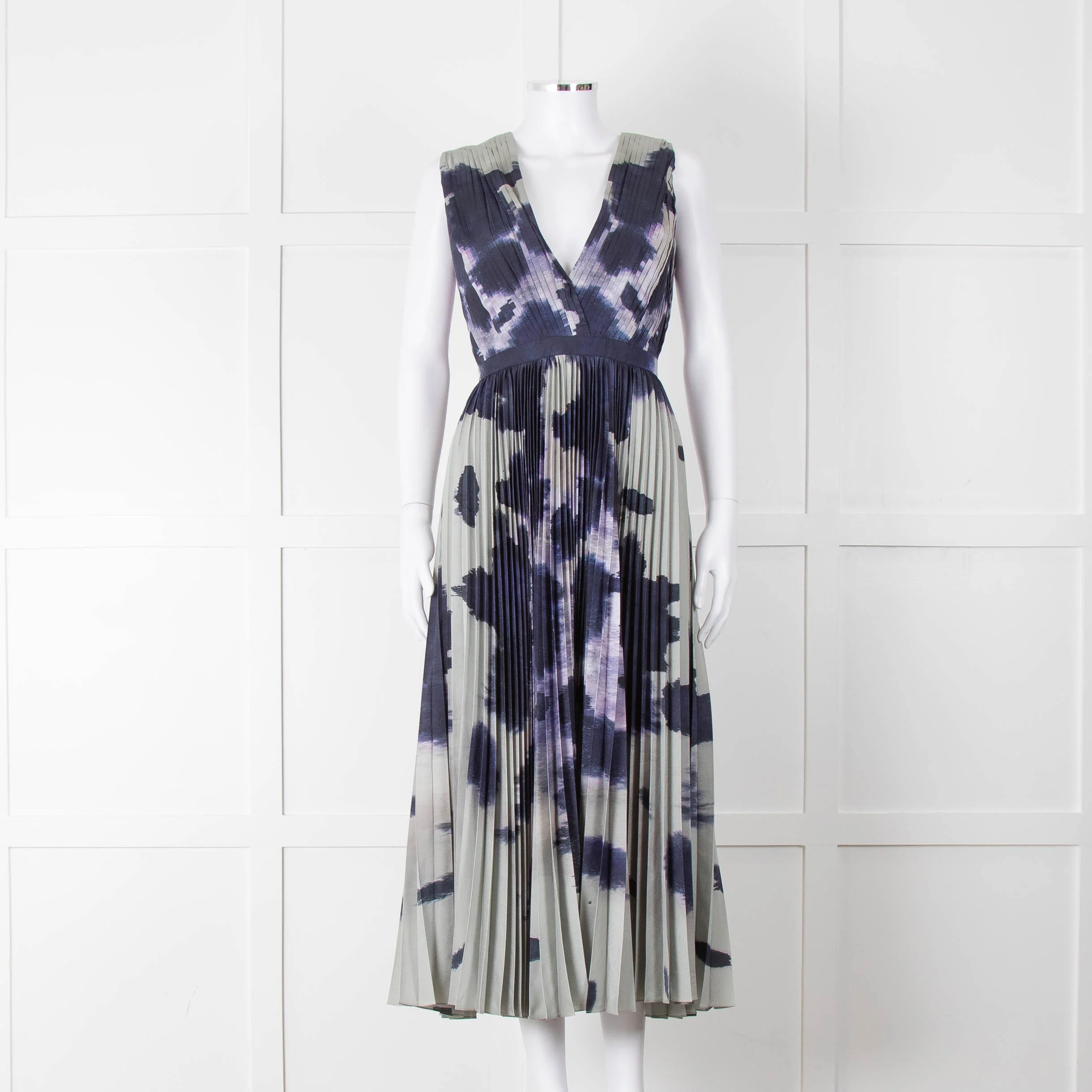 Altuzarra Olive Green Navy Pleated Sleeveless Dress