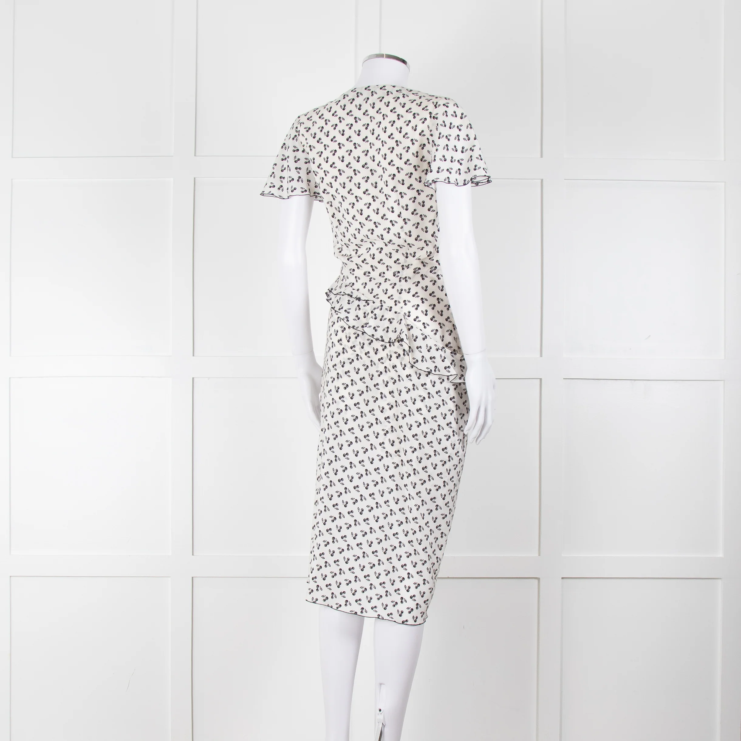 Altuzarra White Black Cherry Print Frill Trim Short Sleeve Dress - Image 4