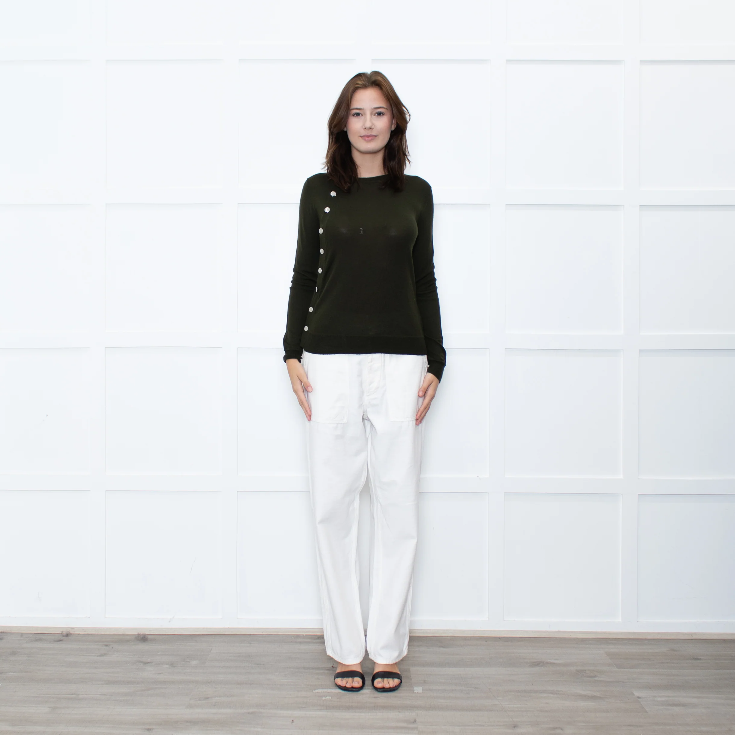 Altuzzara Khaki Silver Button Fine Wool Cardigan