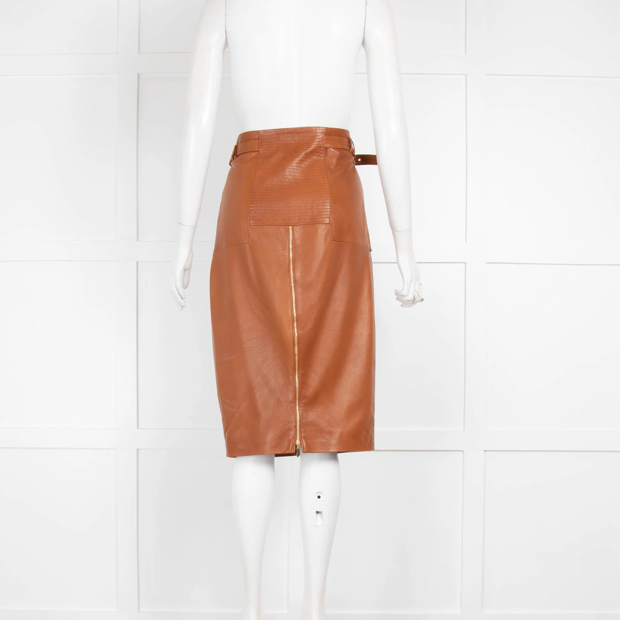 Amanda Wakeley Tan Leather Buckle Detail Pencil Skirt - Image 3