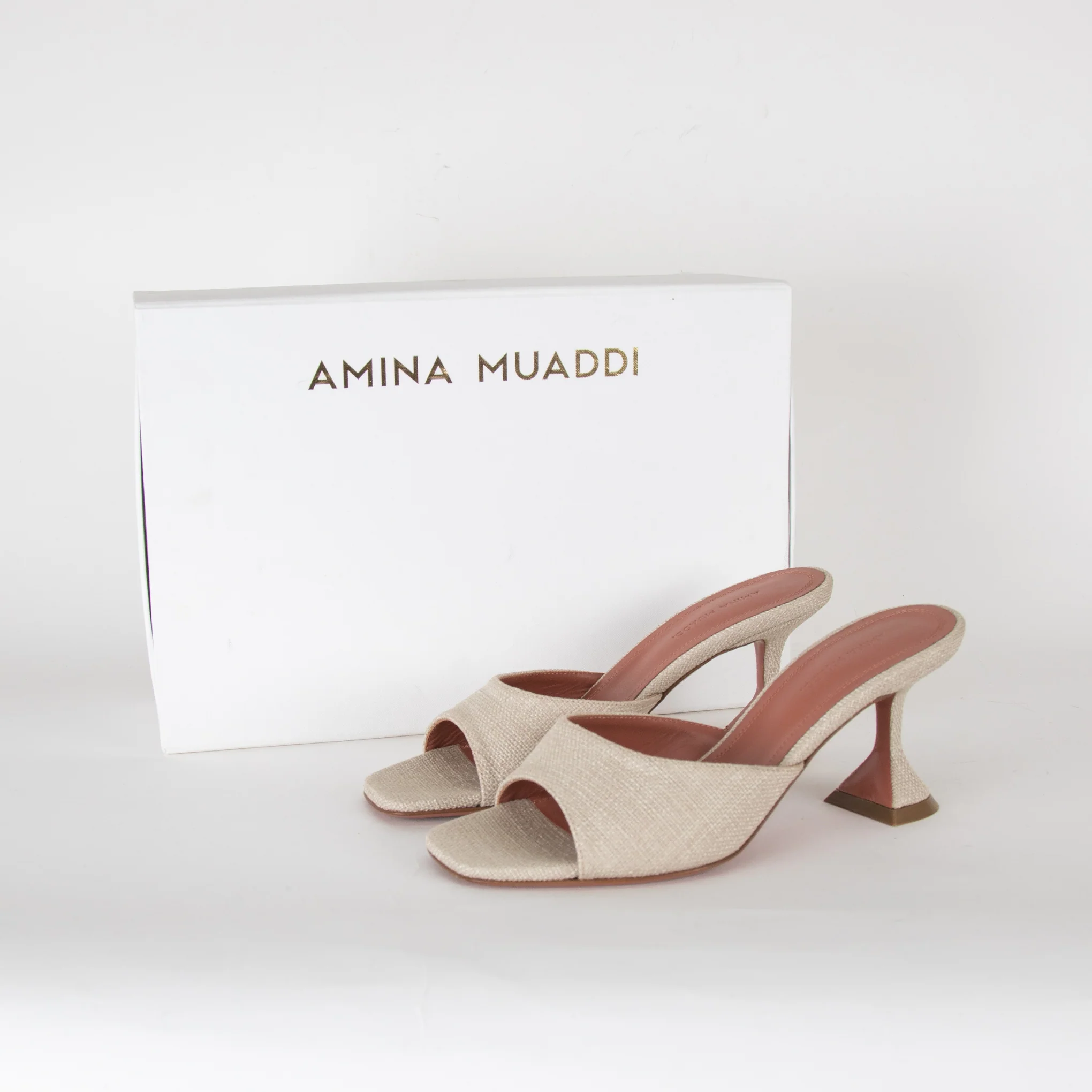 Amina Muaddi Beige Woven Lupita Slippers - Image 2