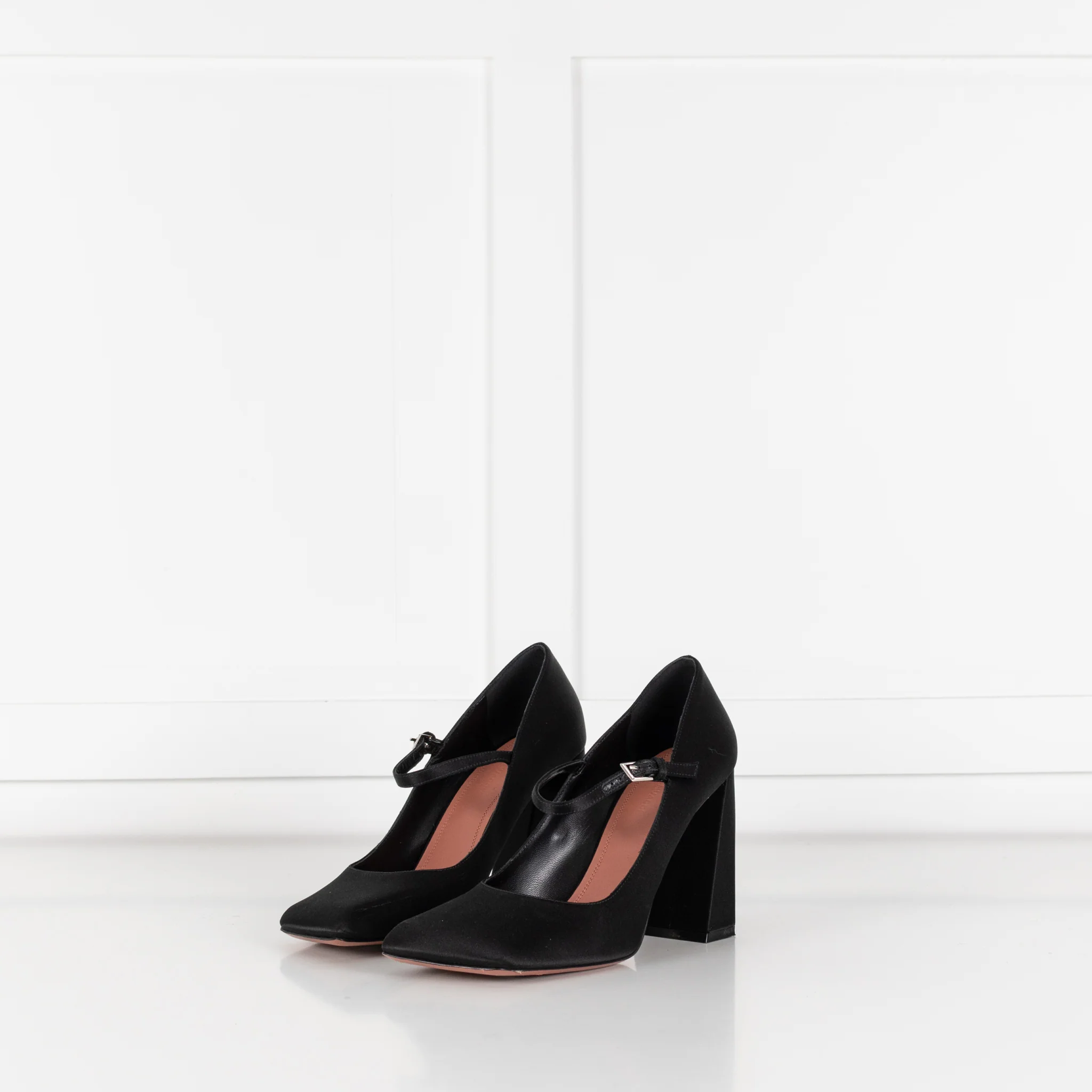 Amina Muaddi Black Satin Block Heel Shoes