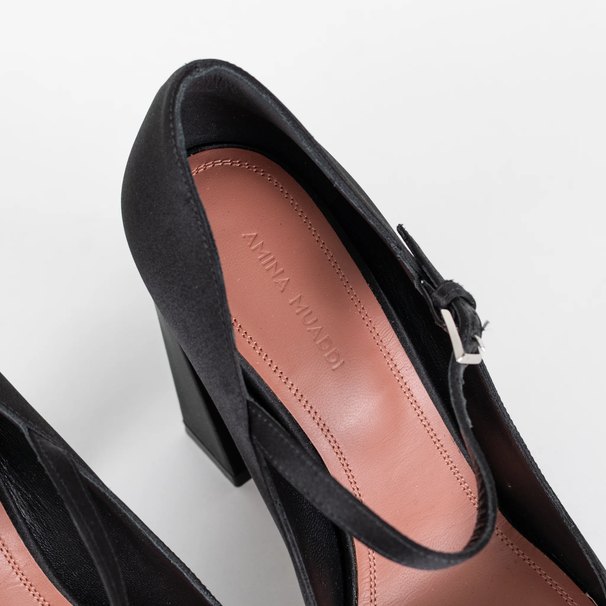 Amina Muaddi Black Satin Block Heel Shoes - Image 10