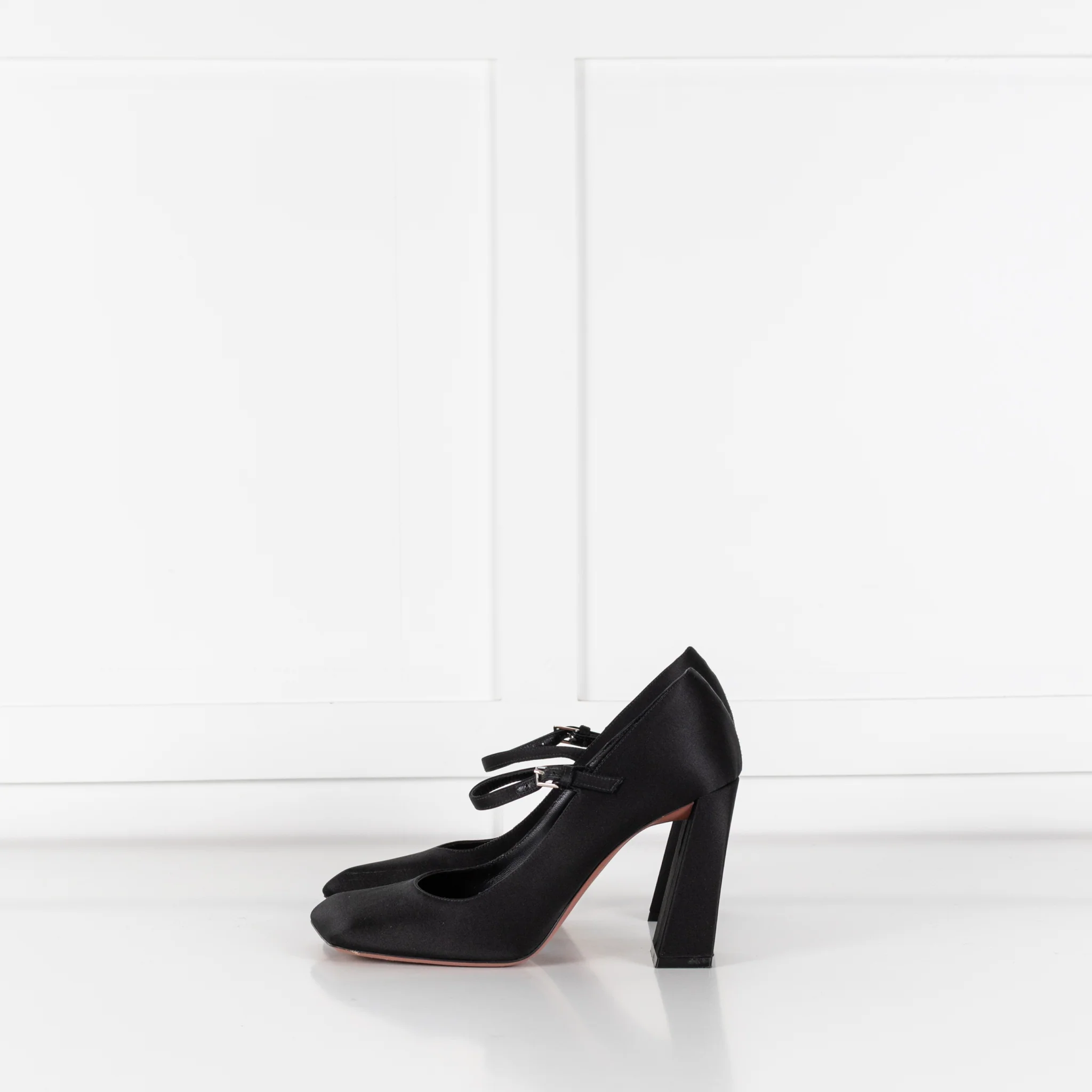 Amina Muaddi Black Satin Block Heel Shoes - Image 3