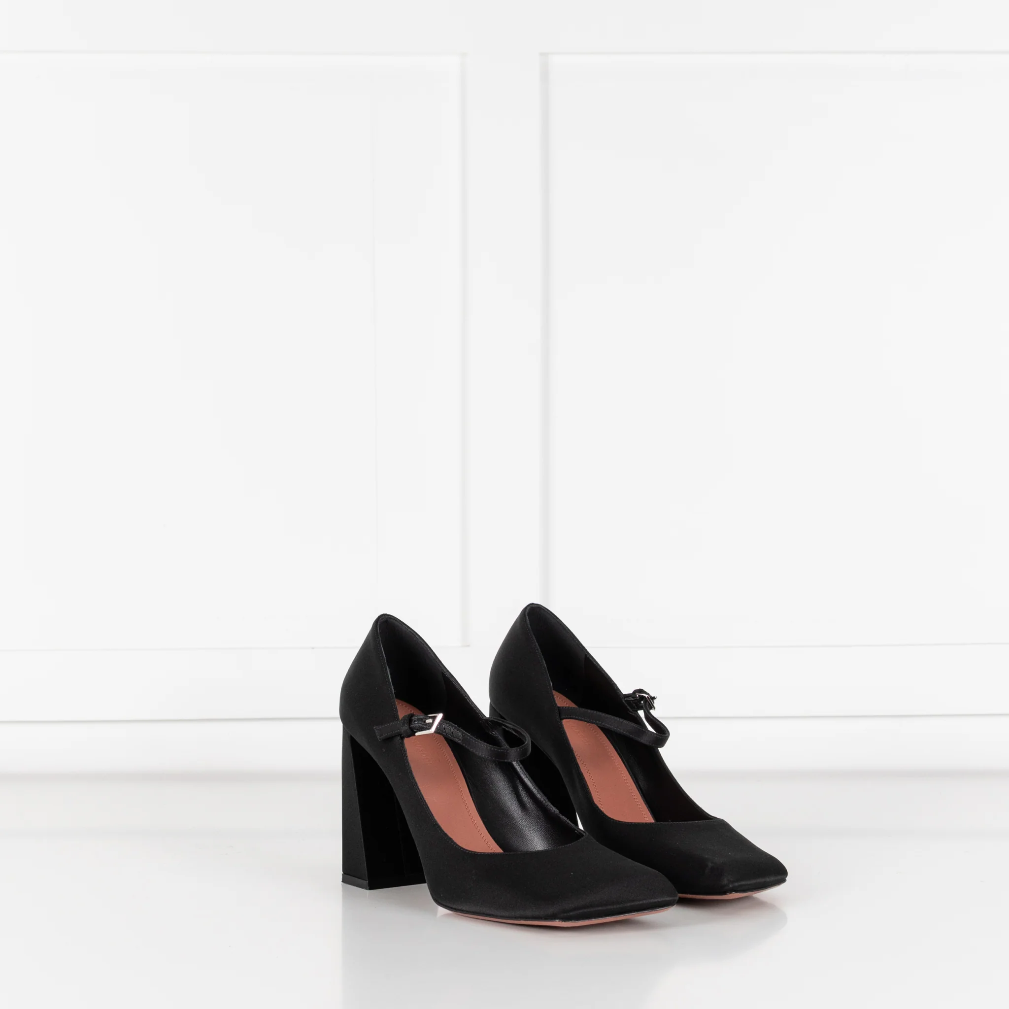 Amina Muaddi Black Satin Block Heel Shoes - Image 6