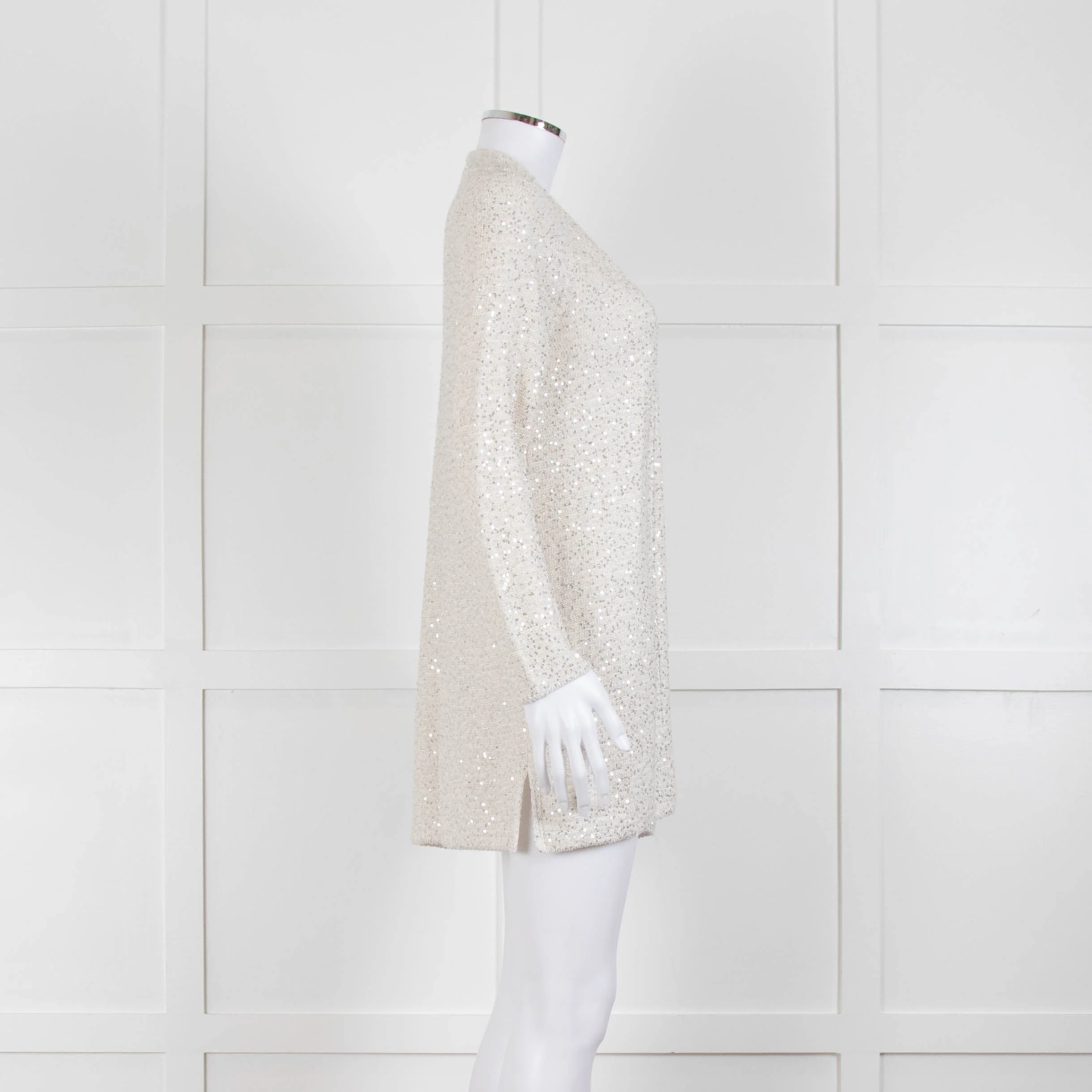 Amina Rubinacci Light Grey Silver Sequin Edge To Edge Cardigan - Image 3