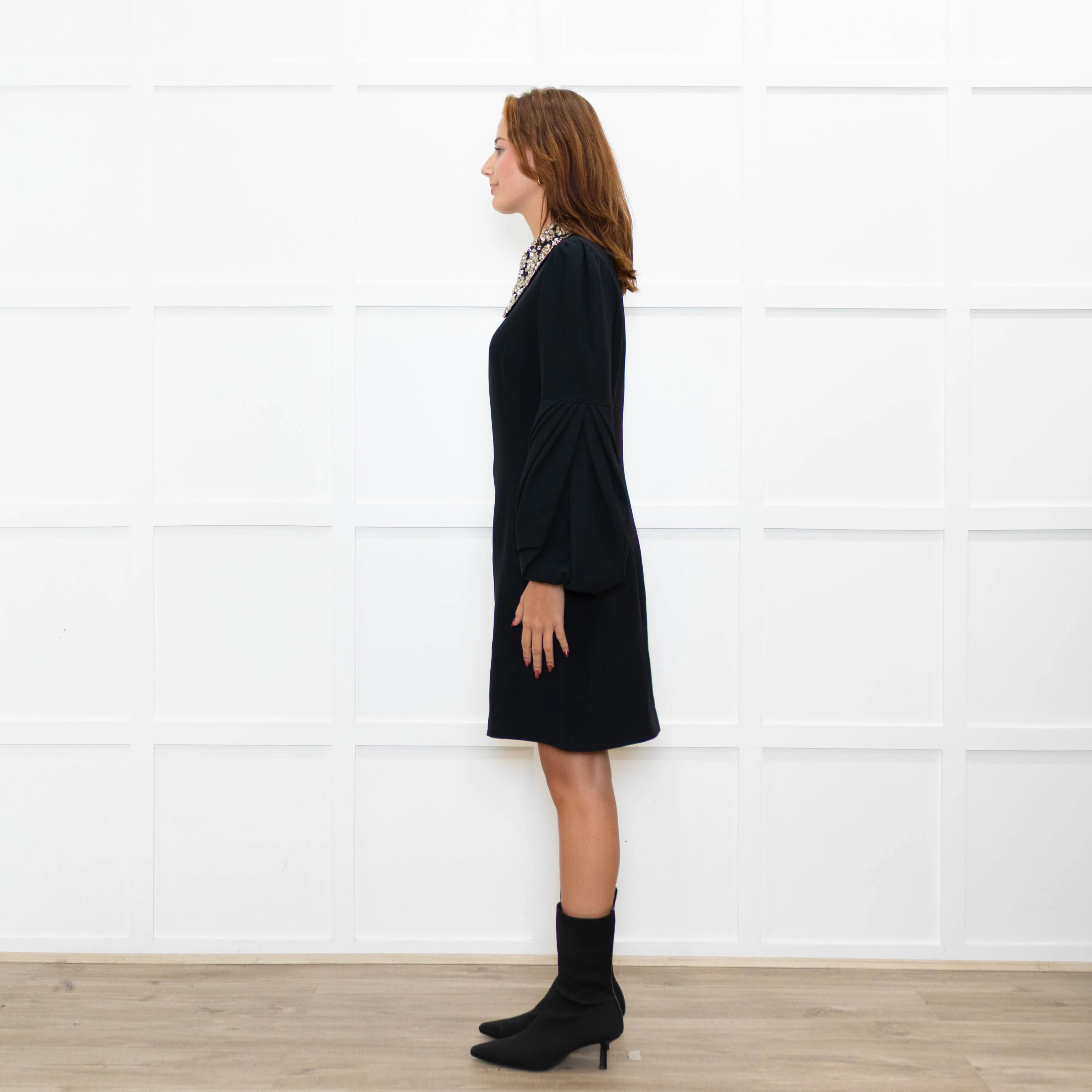 Andrew GN Black Silver Embellished Collar Puffed Sleeves Dress - Image 4