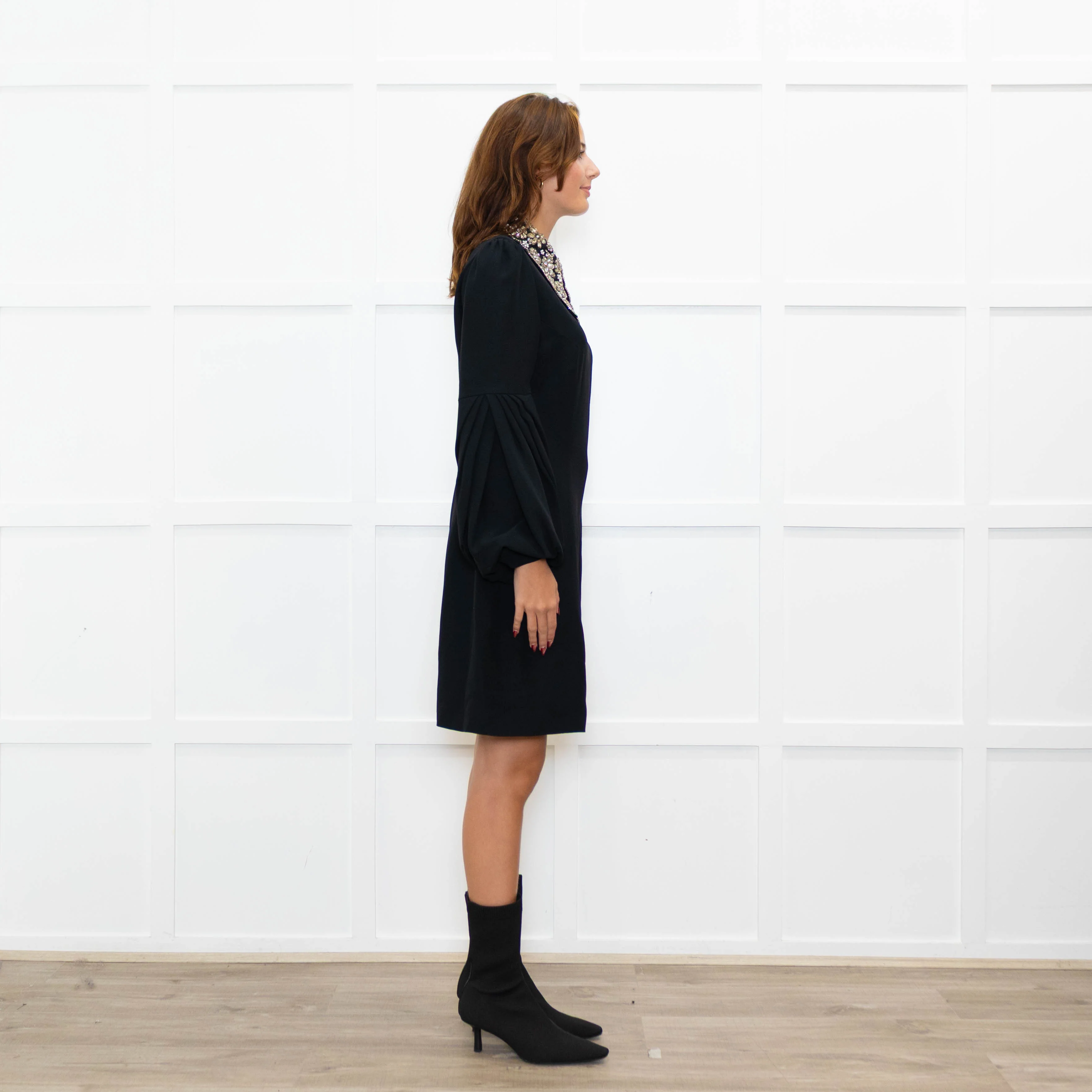 Andrew GN Black Silver Embellished Collar Puffed Sleeves Dress - Image 6