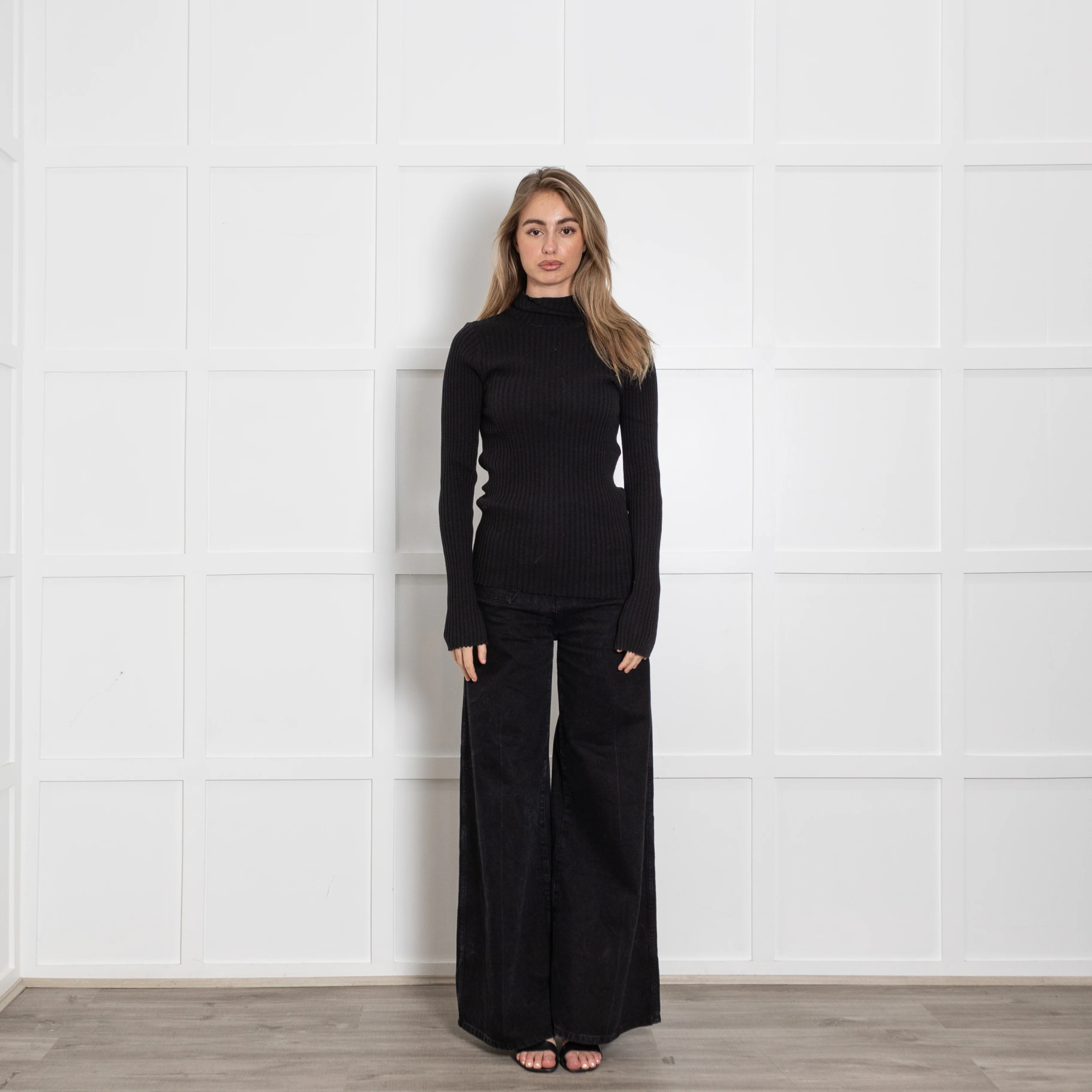 Anine Bing Black Cotton Ribbed Poloneck Top