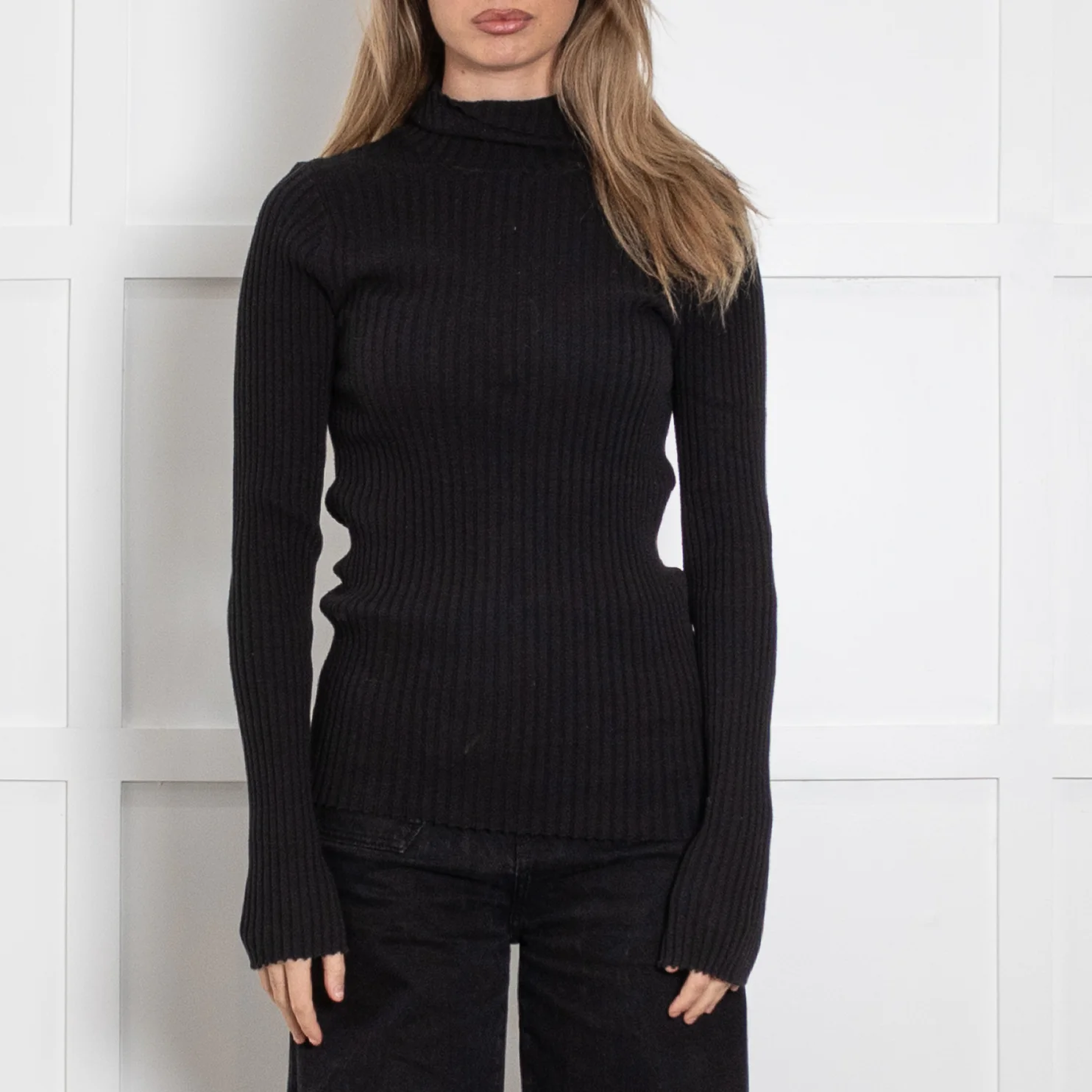 Anine Bing Black Cotton Ribbed Poloneck Top - Image 2