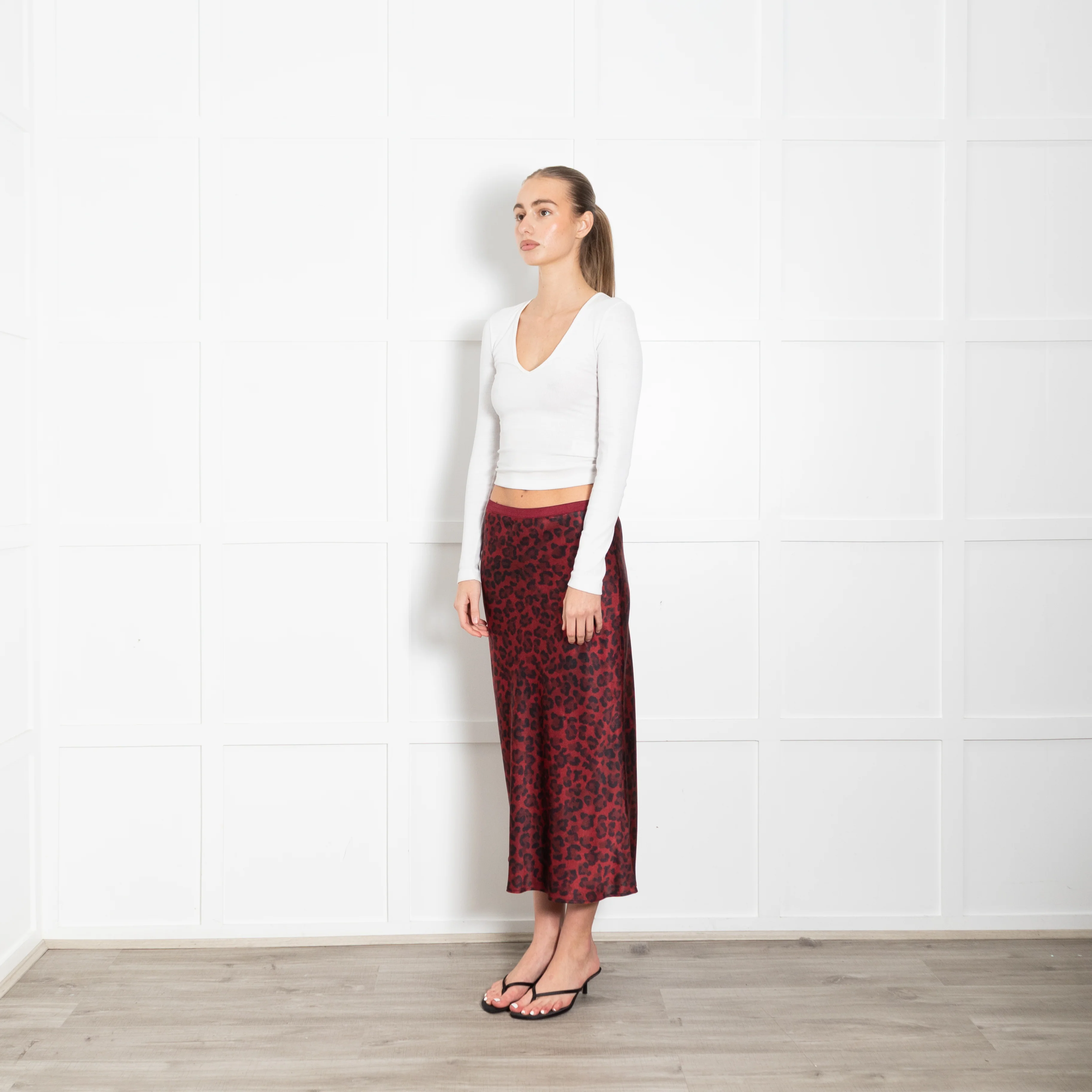 Anine Bing Burgundy Leopard Print Satin Slip Skirt - Image 3