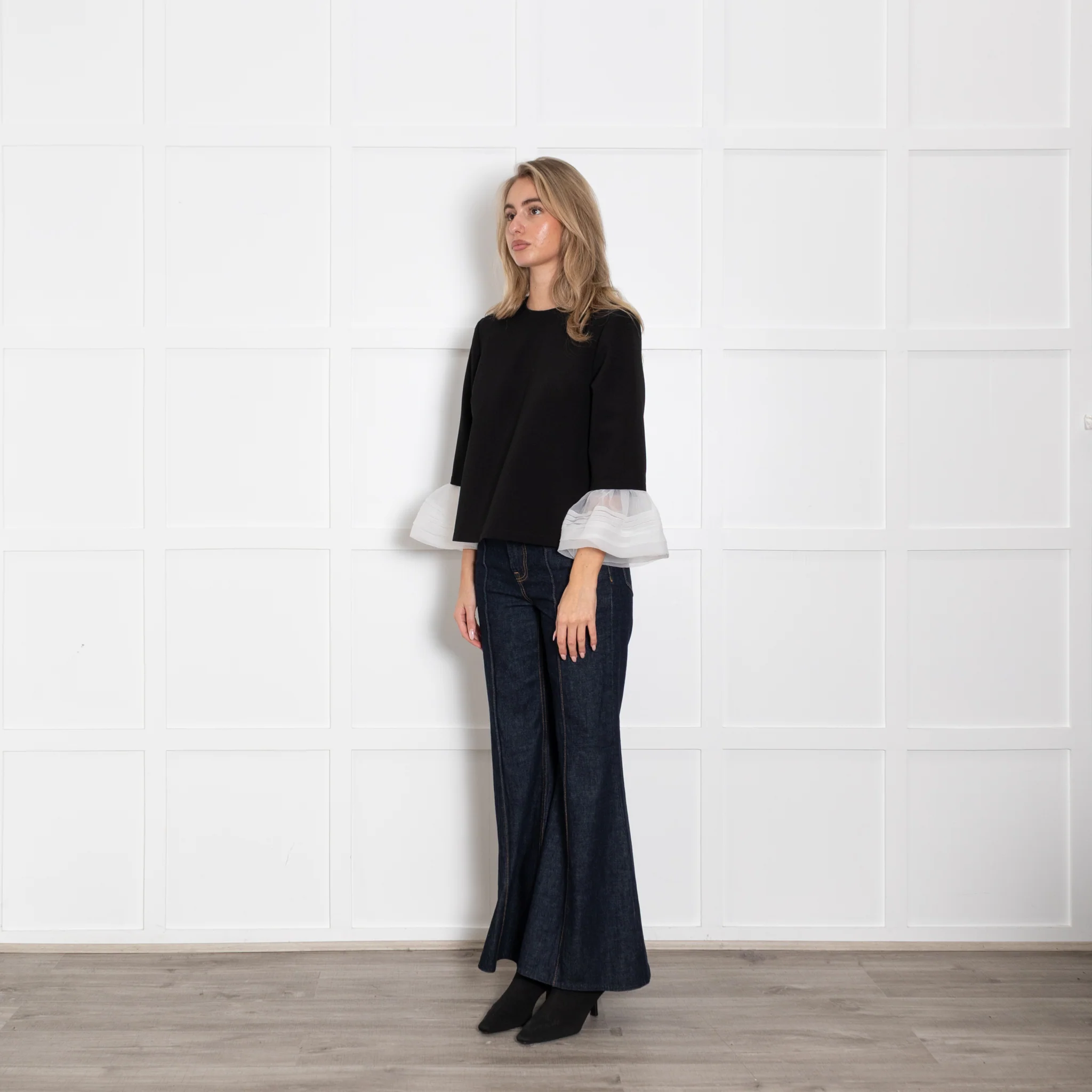 Anja Rock Black White Bell Sleeve Detail Top - Image 3