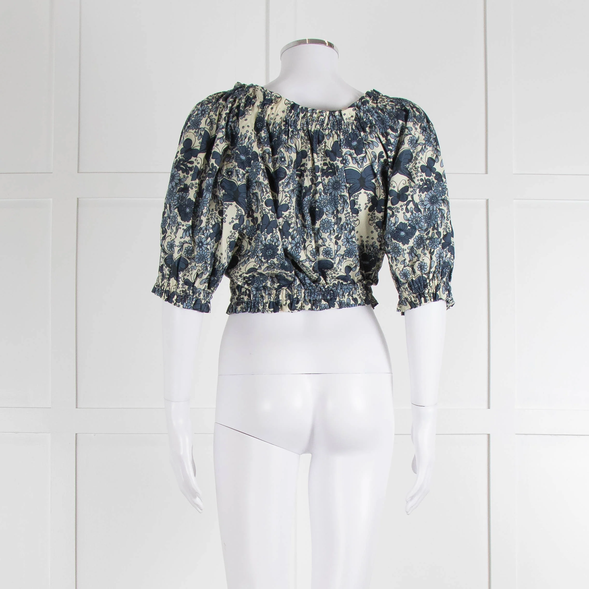 Anna Mason Cream Blue Floral Elasticated Trim Cropped Top - Image 6