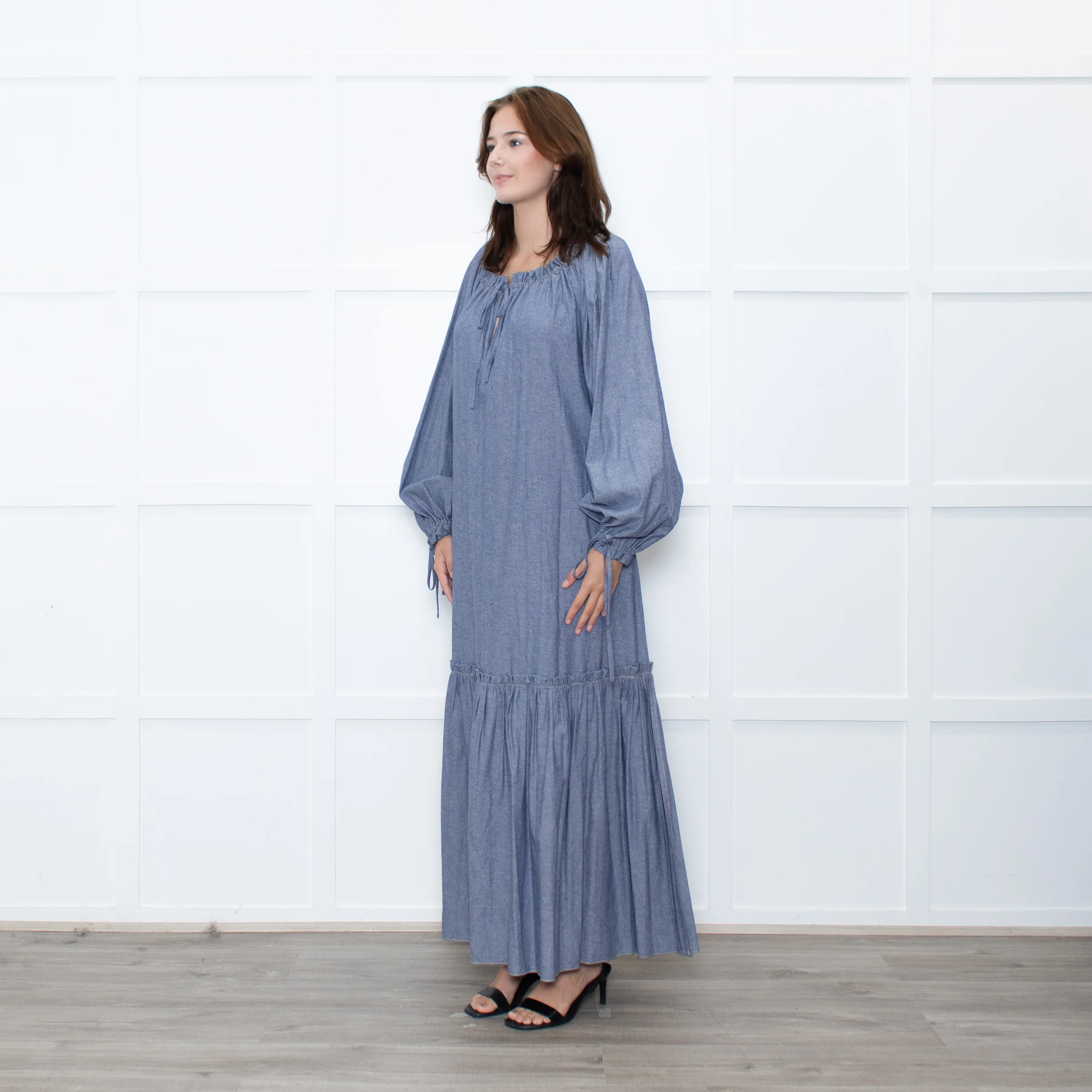 Anna Mason Light Blue Cotton Long Sleeved Maxi dress - Image 3