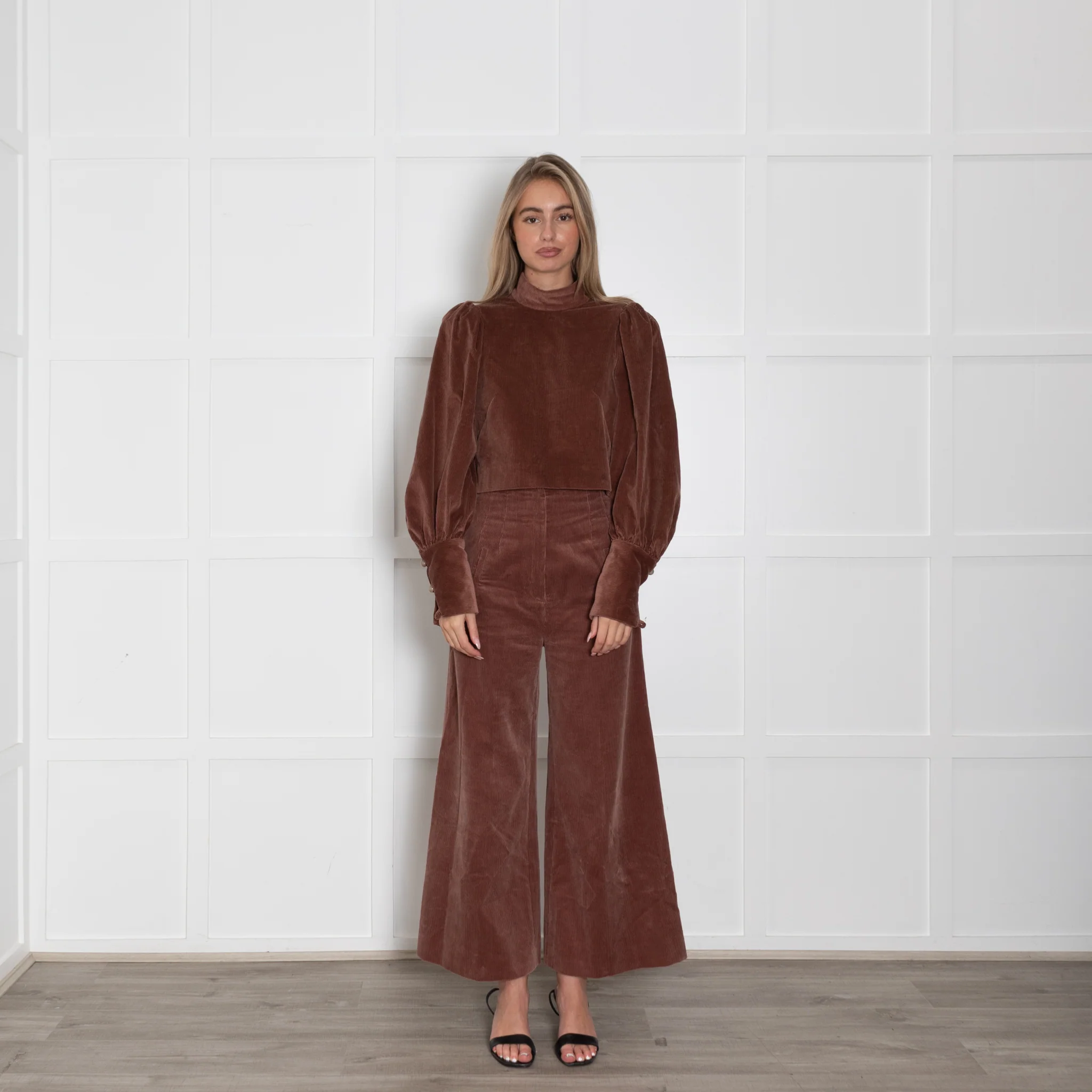 Anna Mason Brown Courdroy Top With Puffed Sleeves