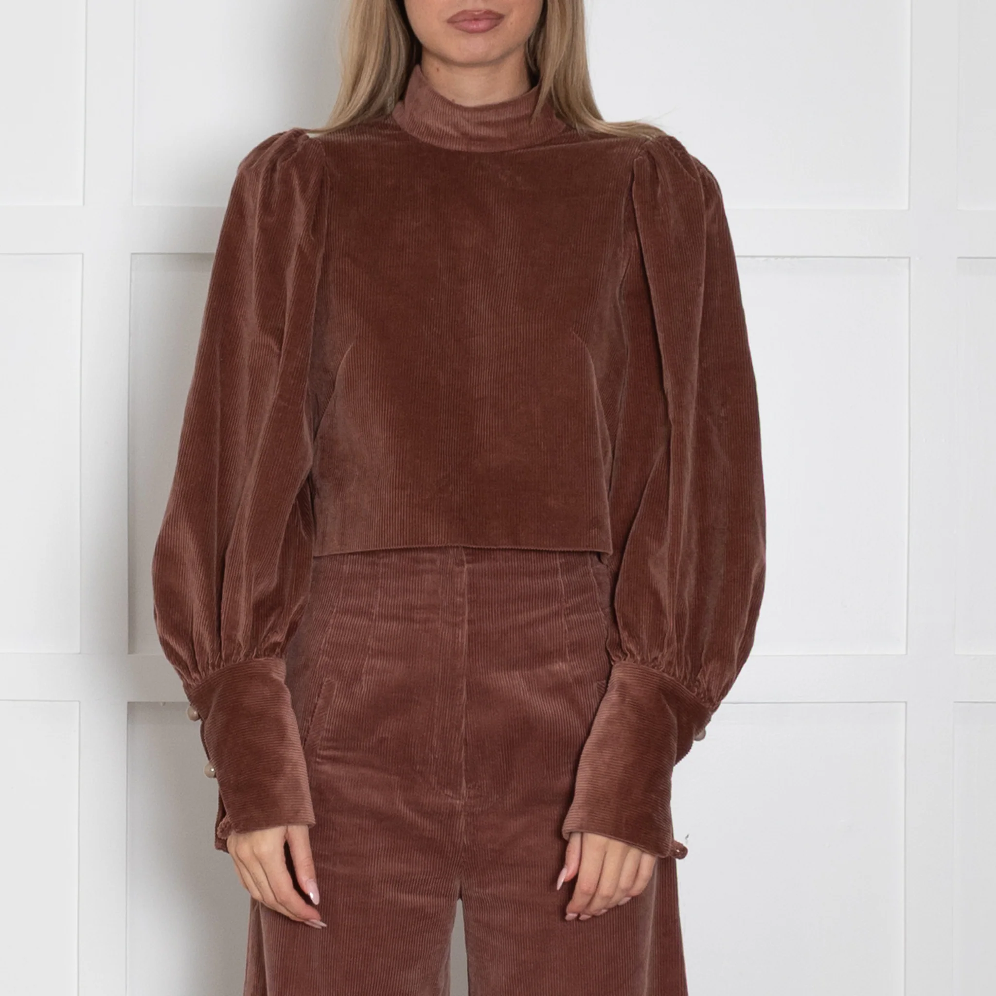 Anna Mason Brown Courdroy Top With Puffed Sleeves - Image 2