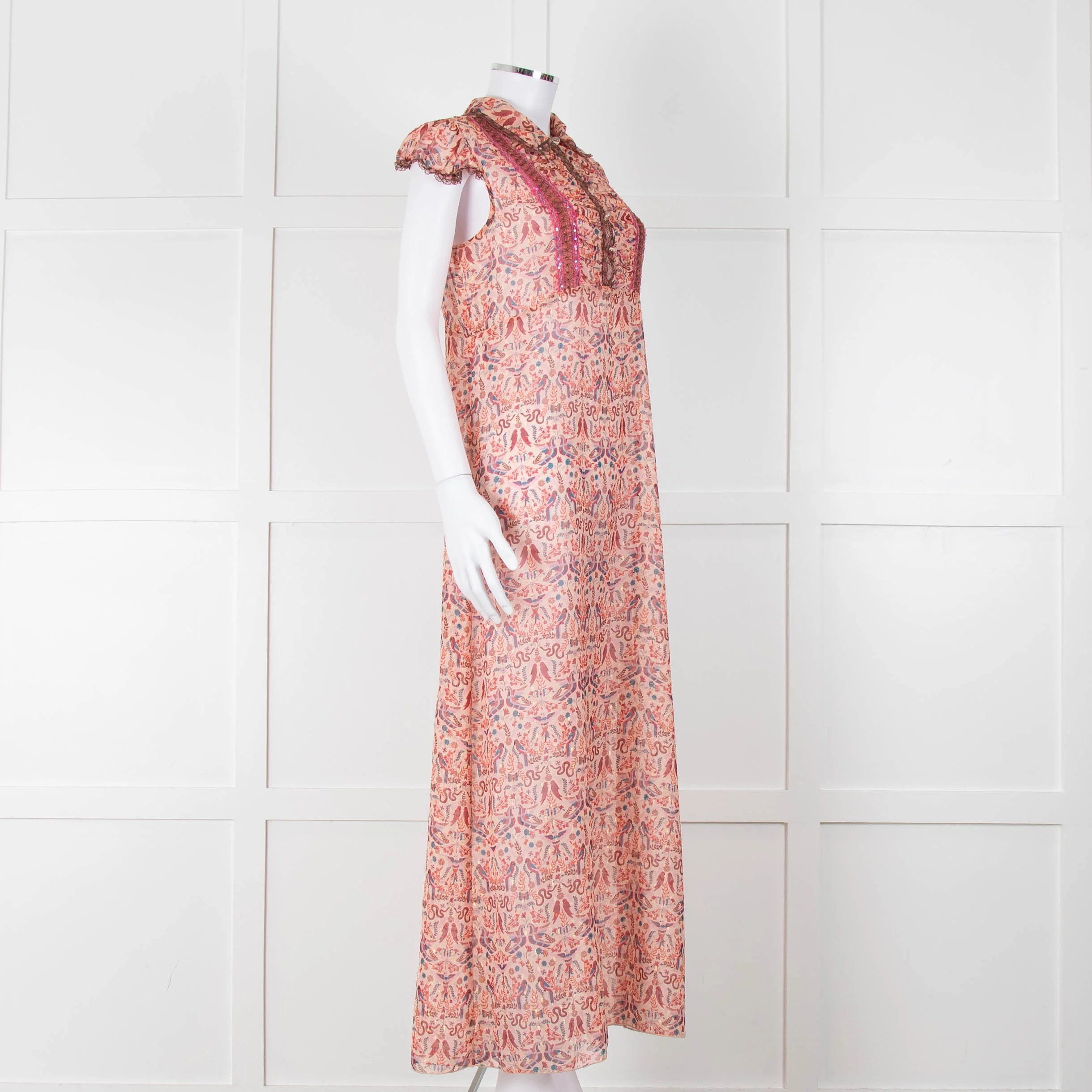 Anna Sui Peach Red Bird Print Sheer Dress - Image 2