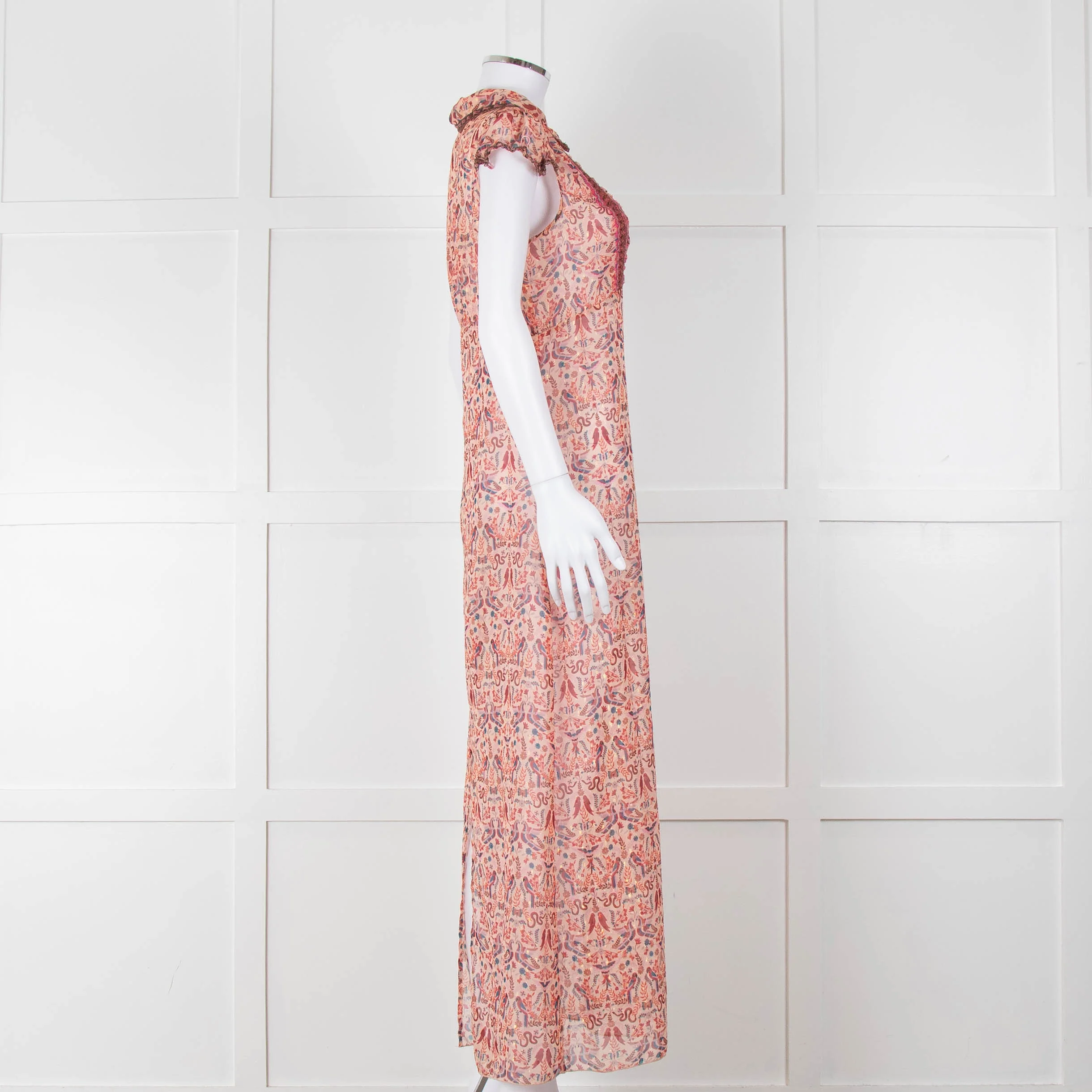 Anna Sui Peach Red Bird Print Sheer Dress - Image 3