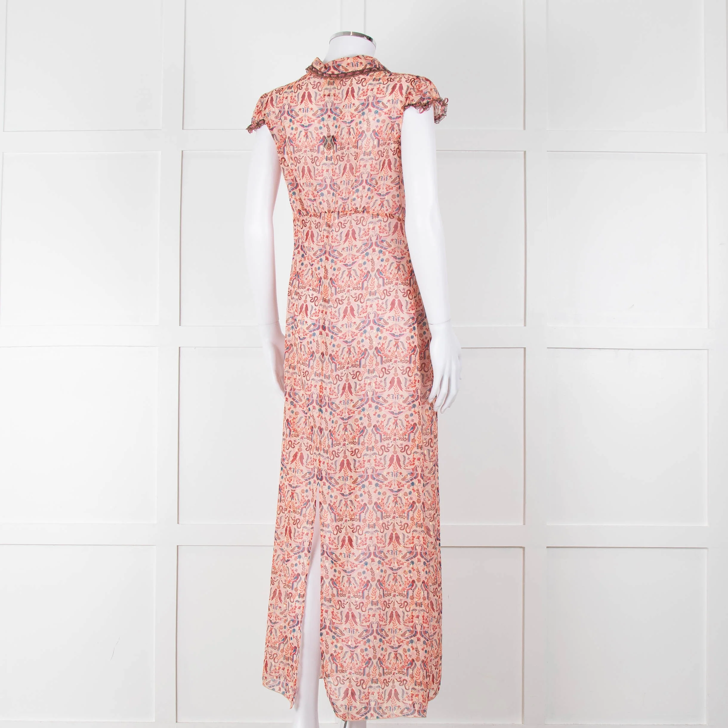 Anna Sui Peach Red Bird Print Sheer Dress - Image 4