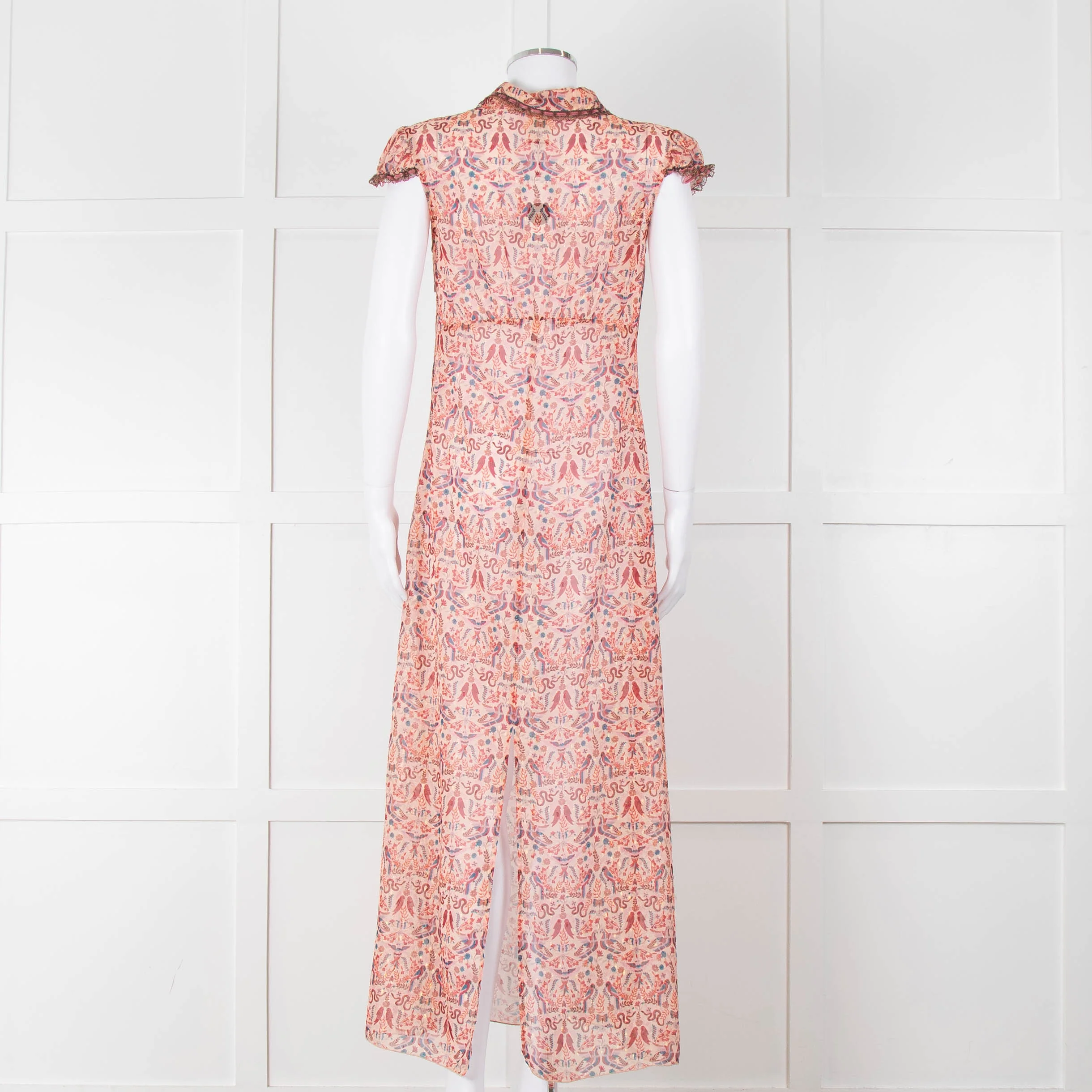 Anna Sui Peach Red Bird Print Sheer Dress - Image 5