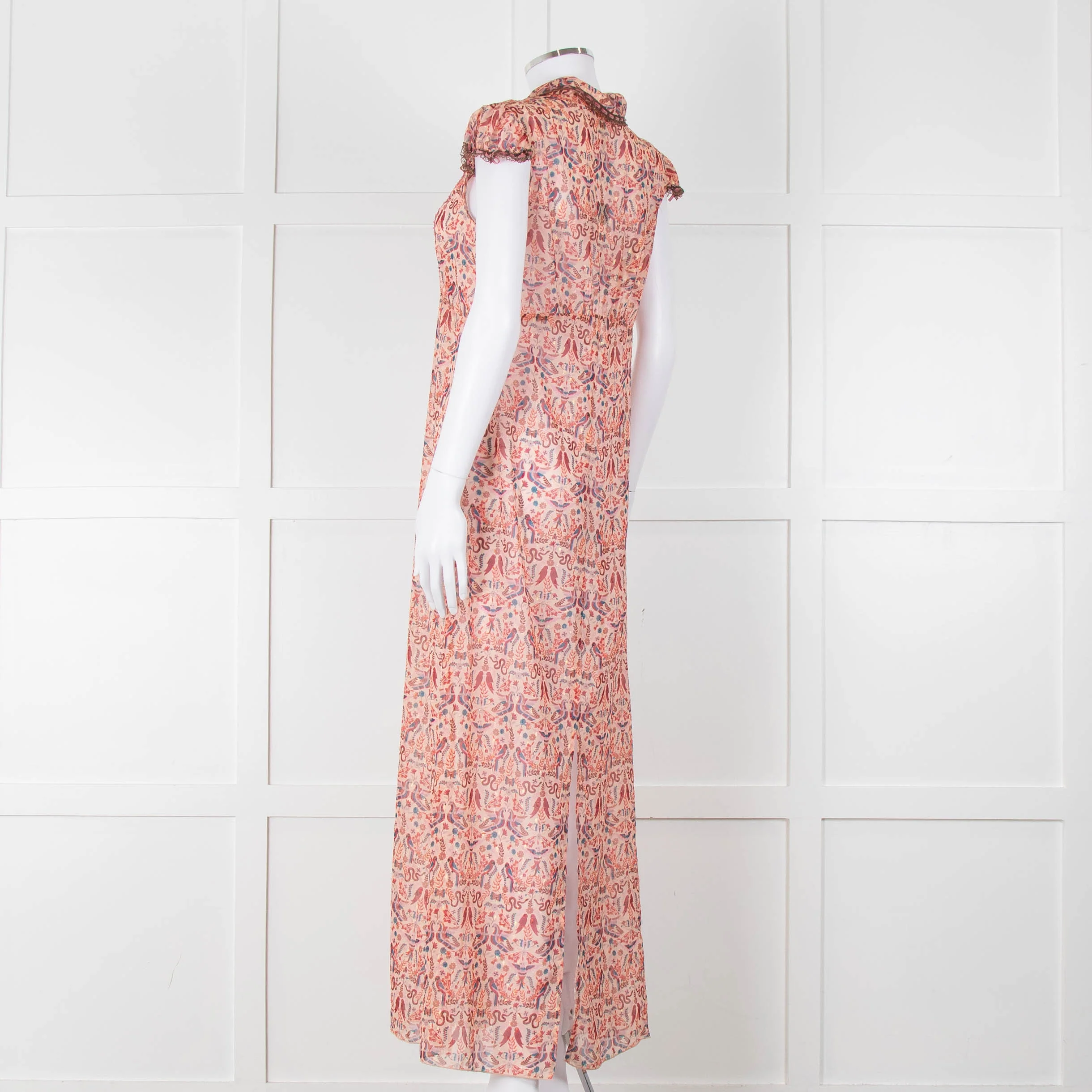 Anna Sui Peach Red Bird Print Sheer Dress - Image 6