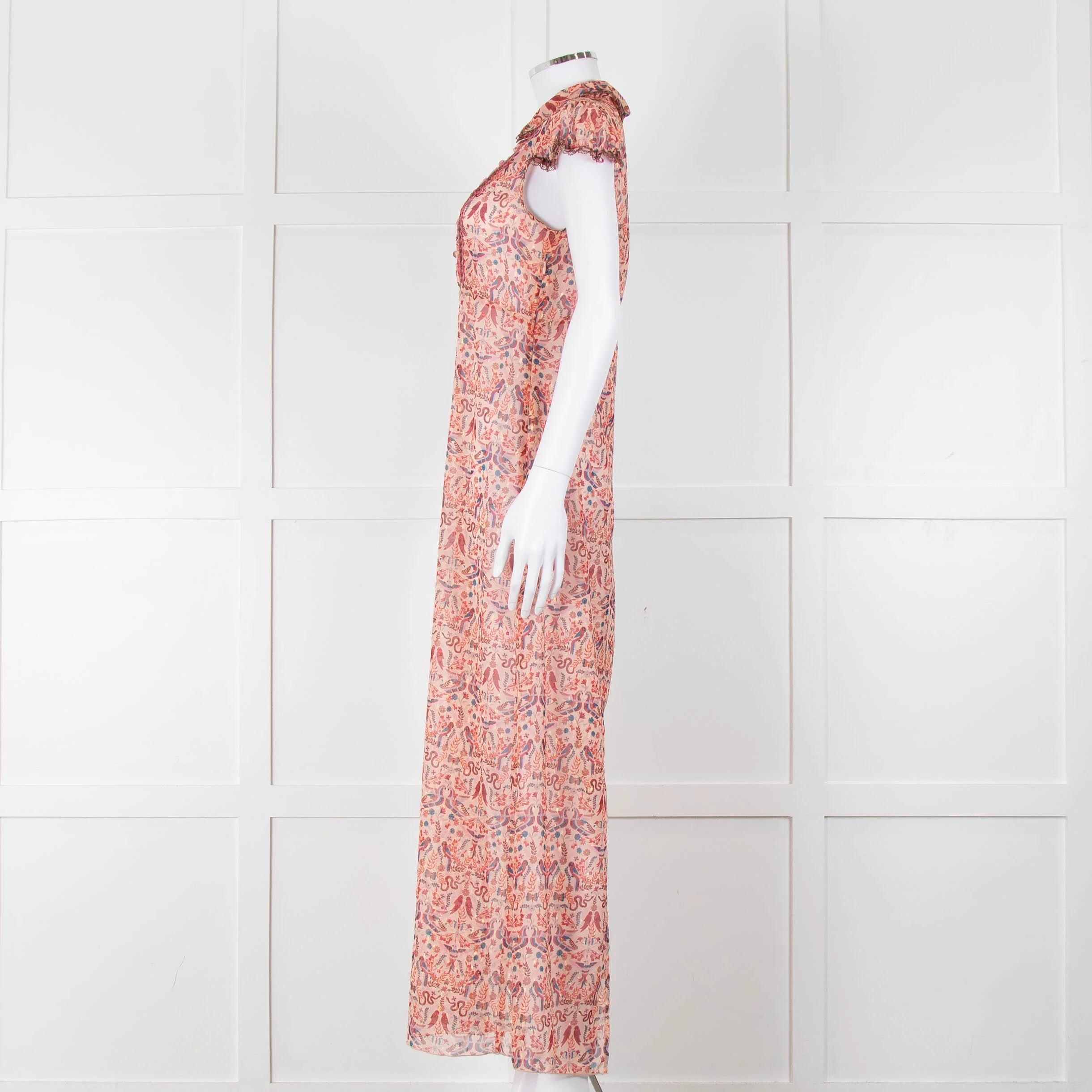 Anna Sui Peach Red Bird Print Sheer Dress - Image 7