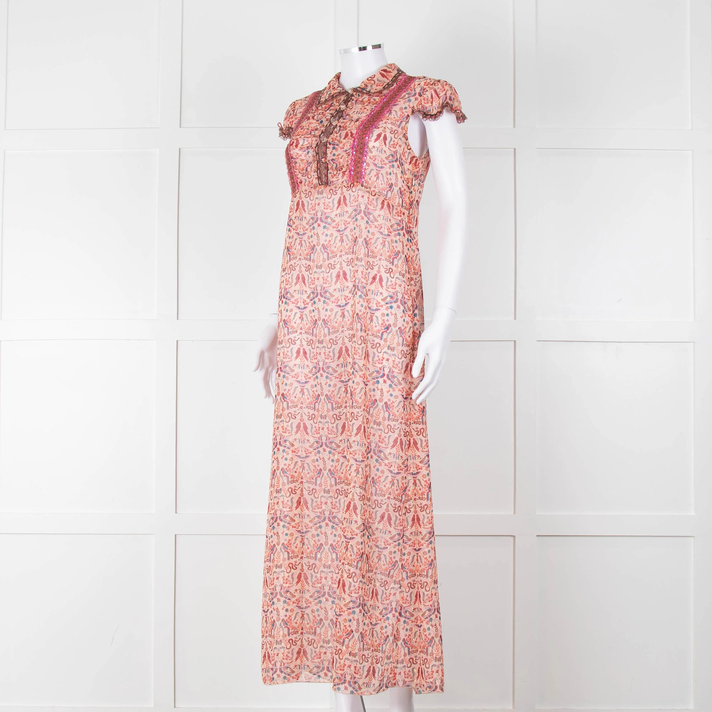 Anna Sui Peach Red Bird Print Sheer Dress - Image 8