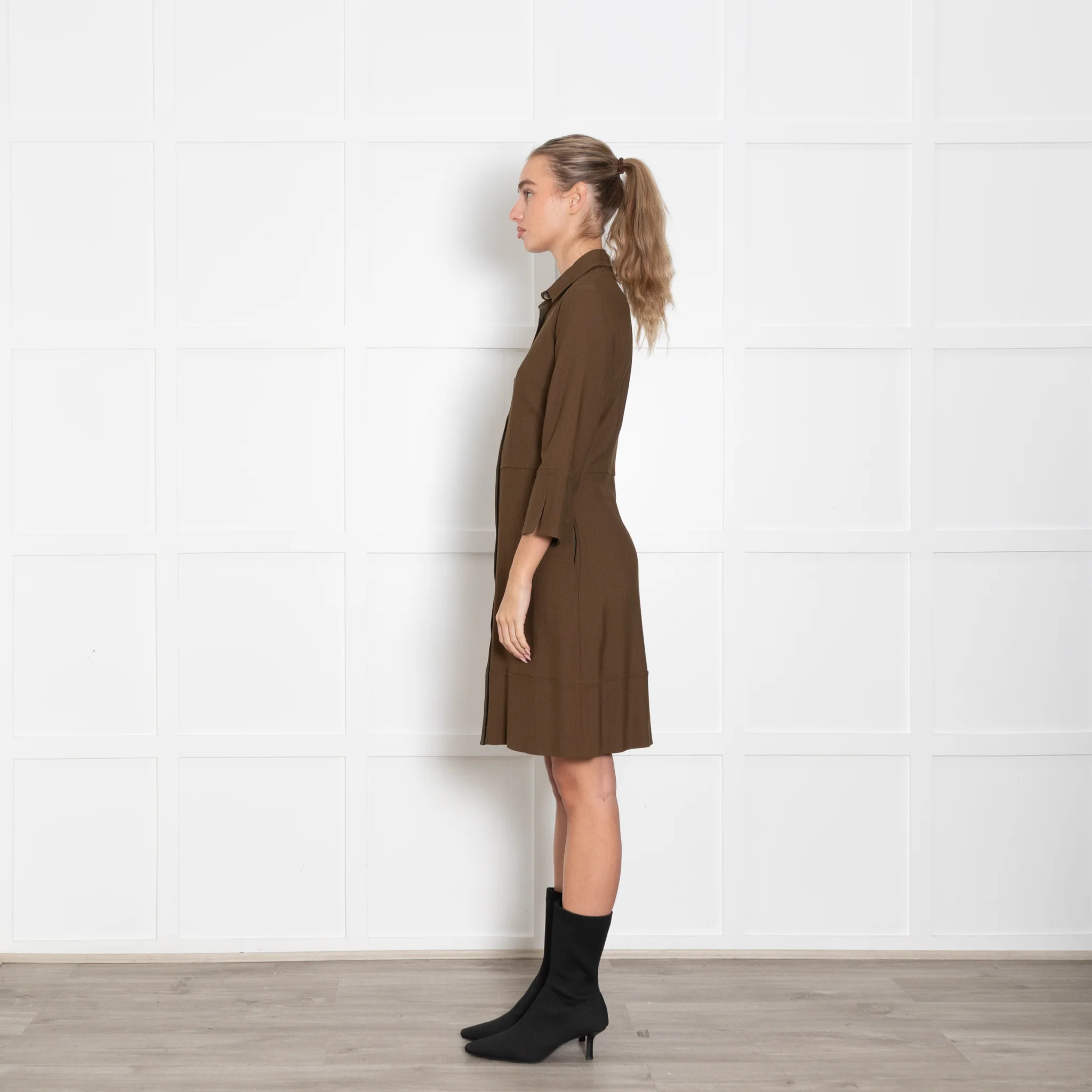 Antonelli Khaki 3/4 Sleeve Buttoned Up Dress - Image 4