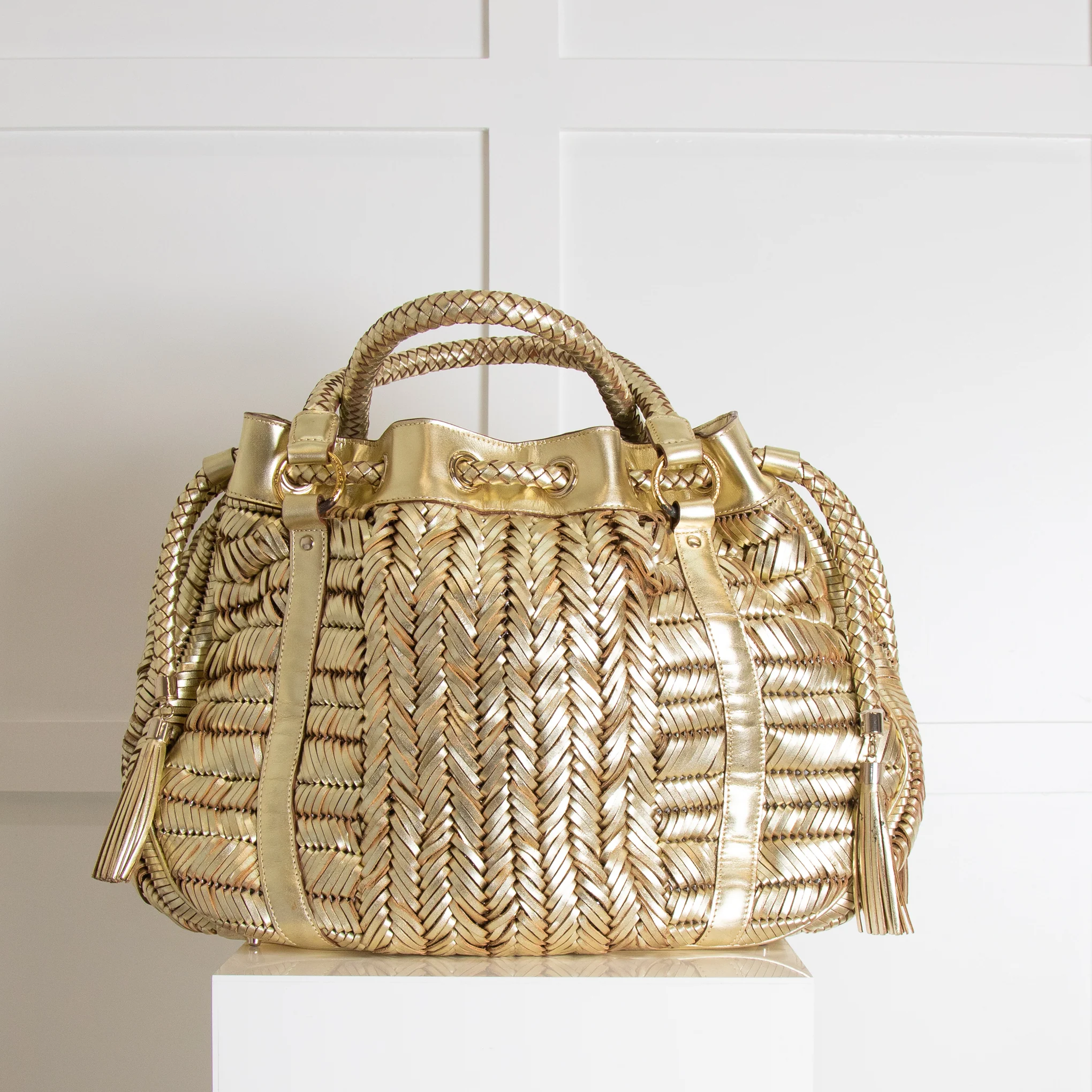 Anya Hindmarch Gold Woven Tassle Bag - Image 4