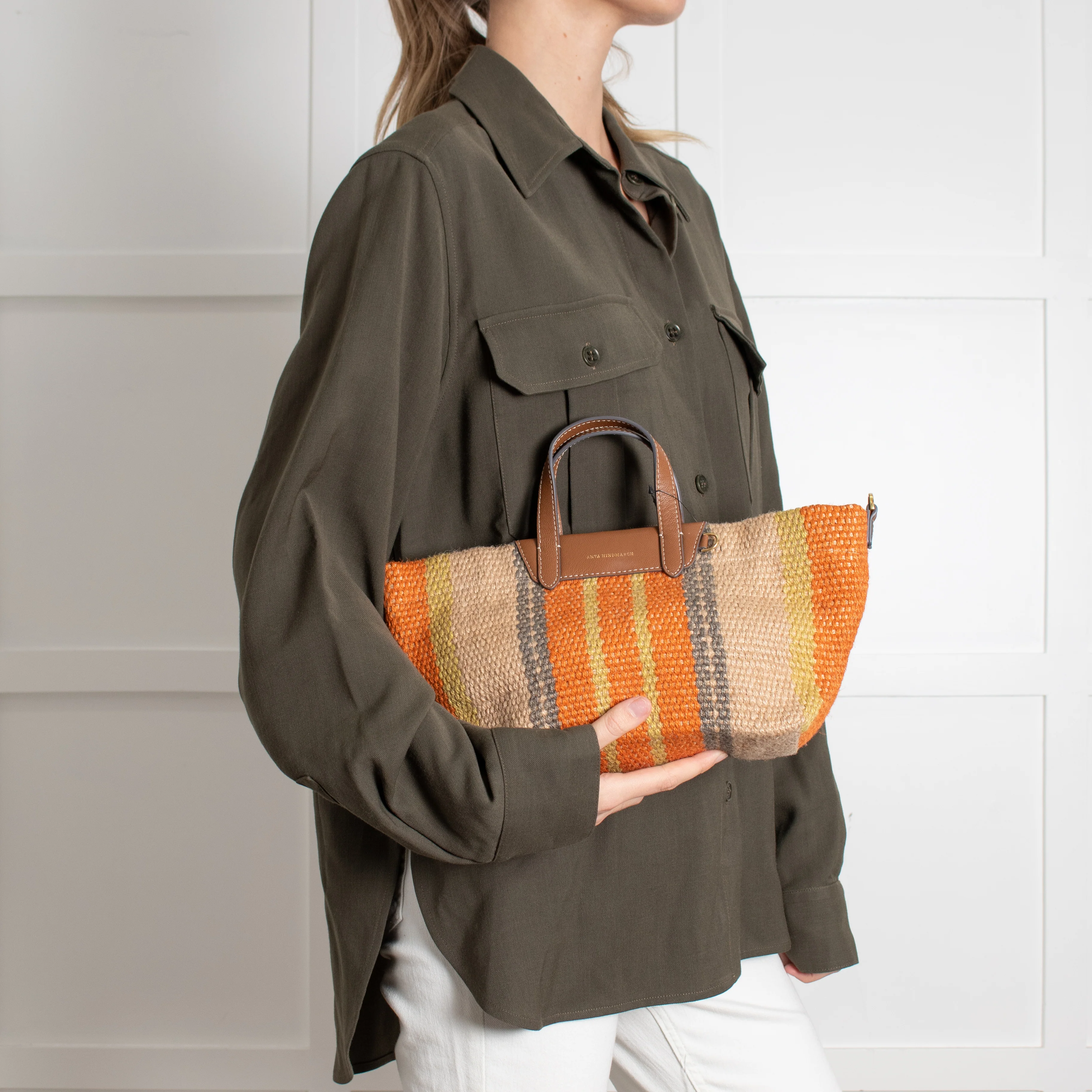 Anya Hindmarch Orange Striped Small Raffia Tote - Image 2