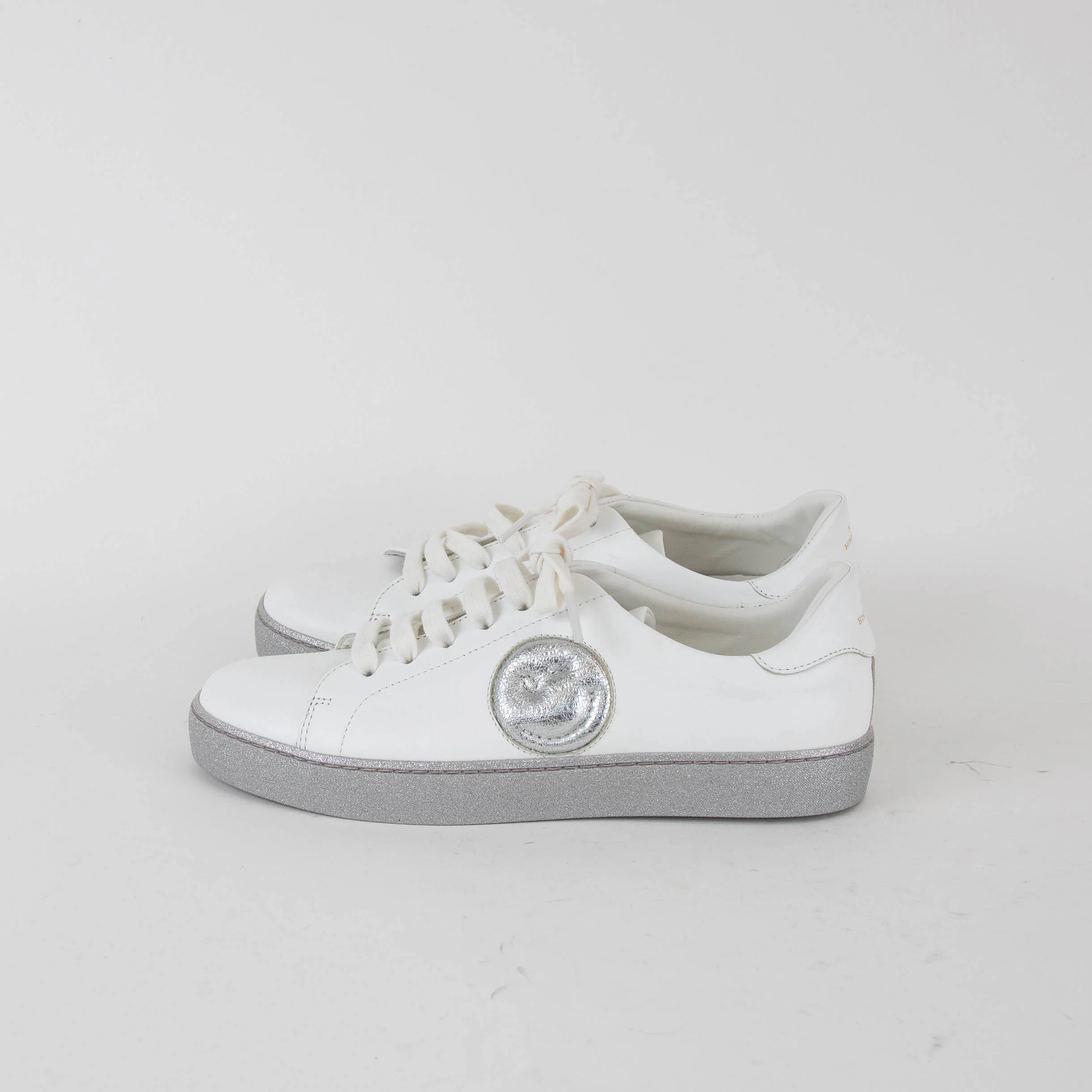 Anya Hindmarch White Trainers with Glitter Soles and Winky Face Motif - Image 3