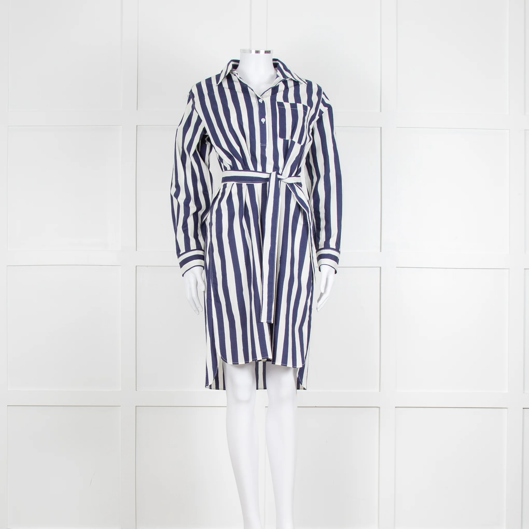 A.P.C Blue and White Striped Belted Shirt Dress - Image 2