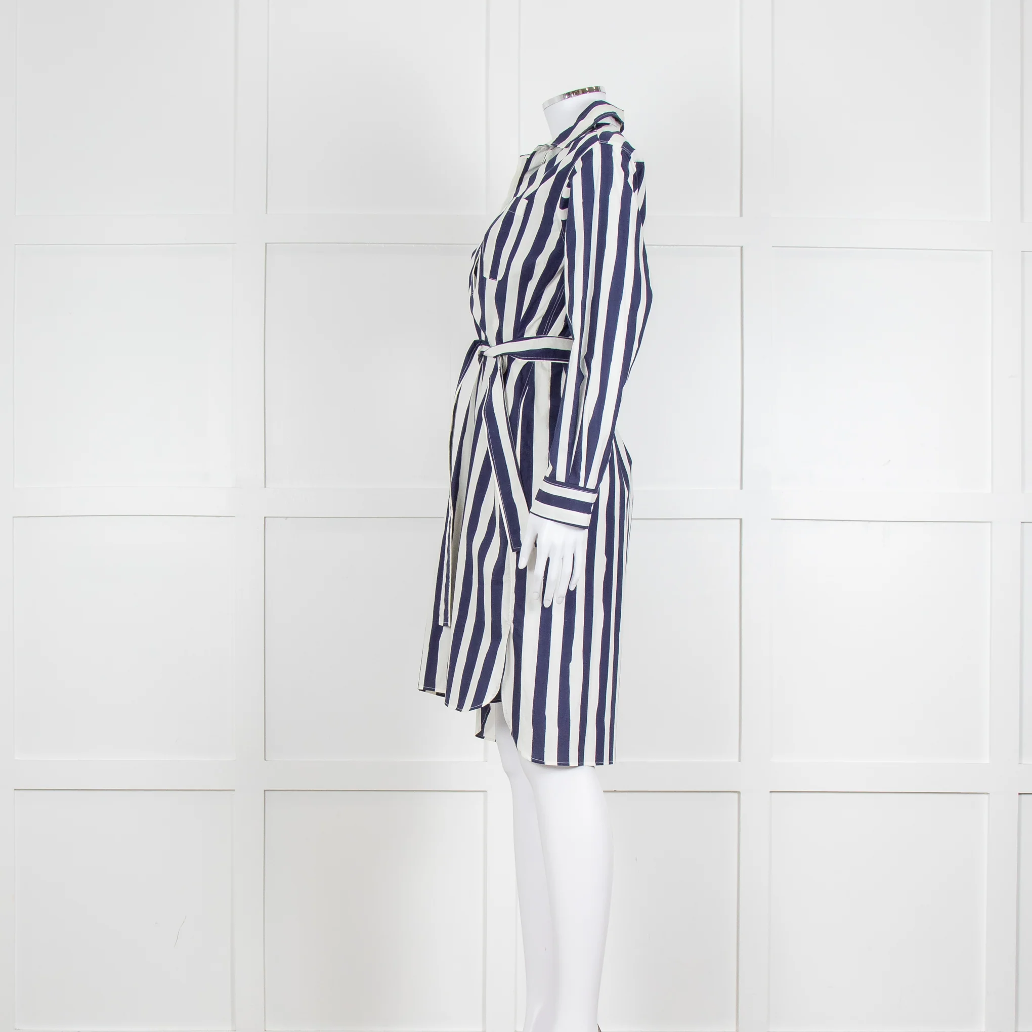 A.P.C Blue and White Striped Belted Shirt Dress - Image 4