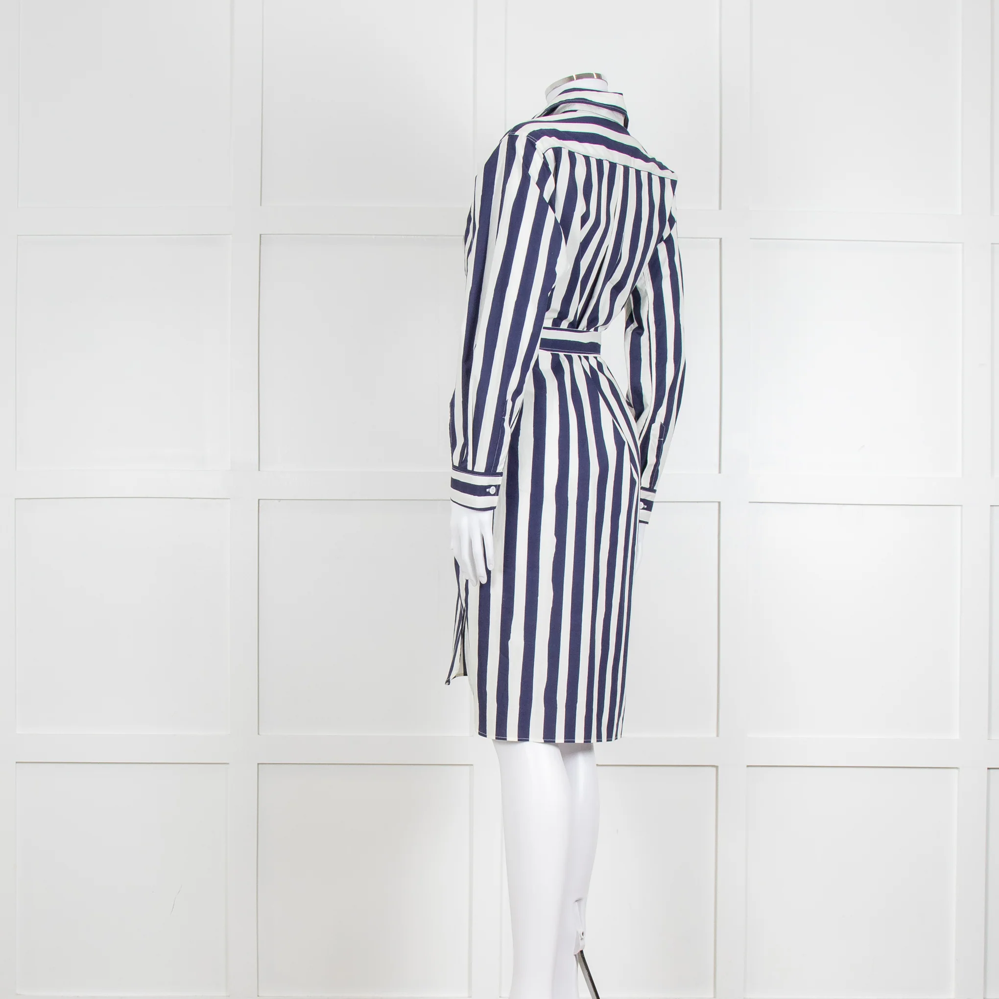 A.P.C Blue and White Striped Belted Shirt Dress - Image 5