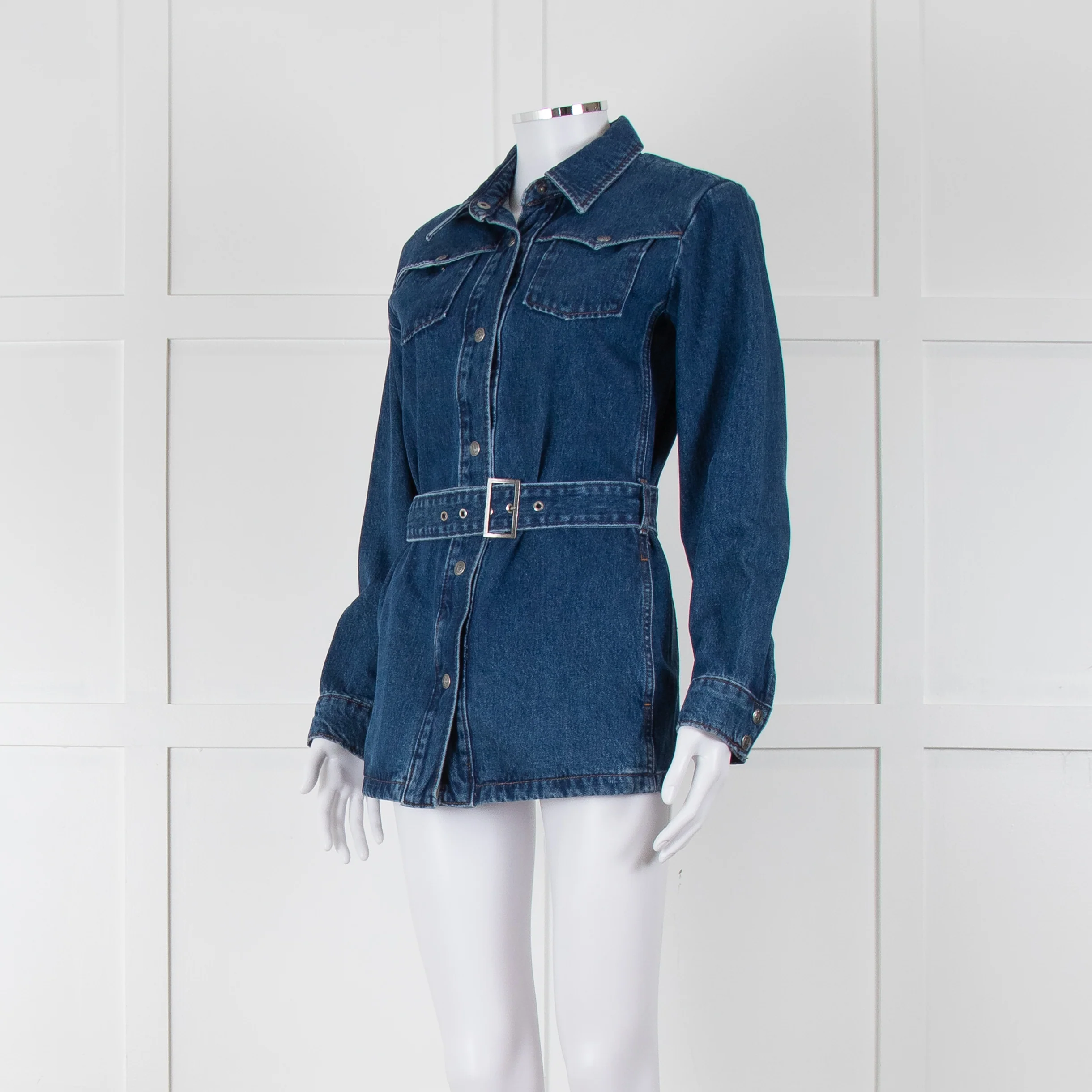 A.P.C Blue Denim Open Front Belted Long Shirt - Image 8