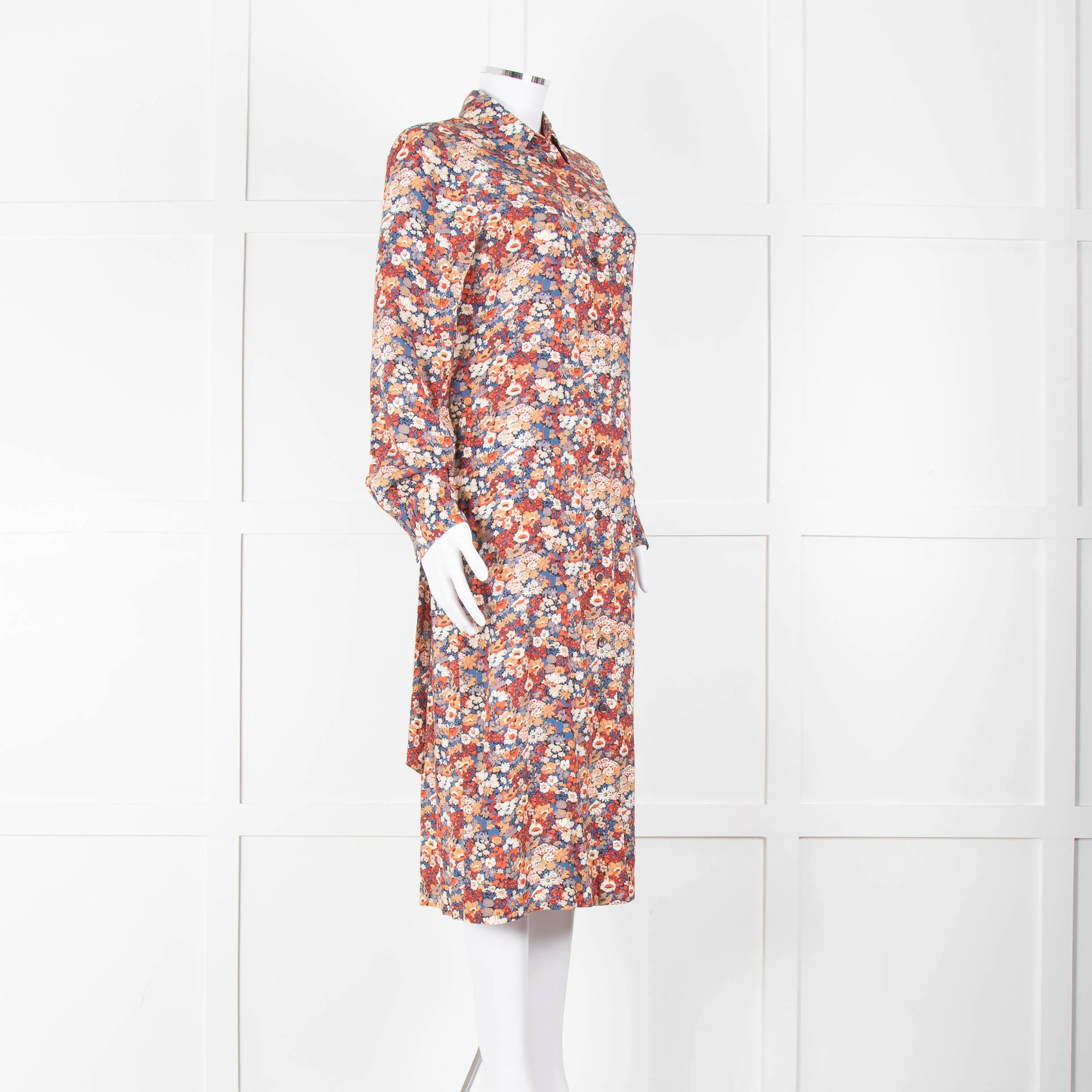 A.P.C Blue Orange Floral Button Up Belted Long Dress - Image 10
